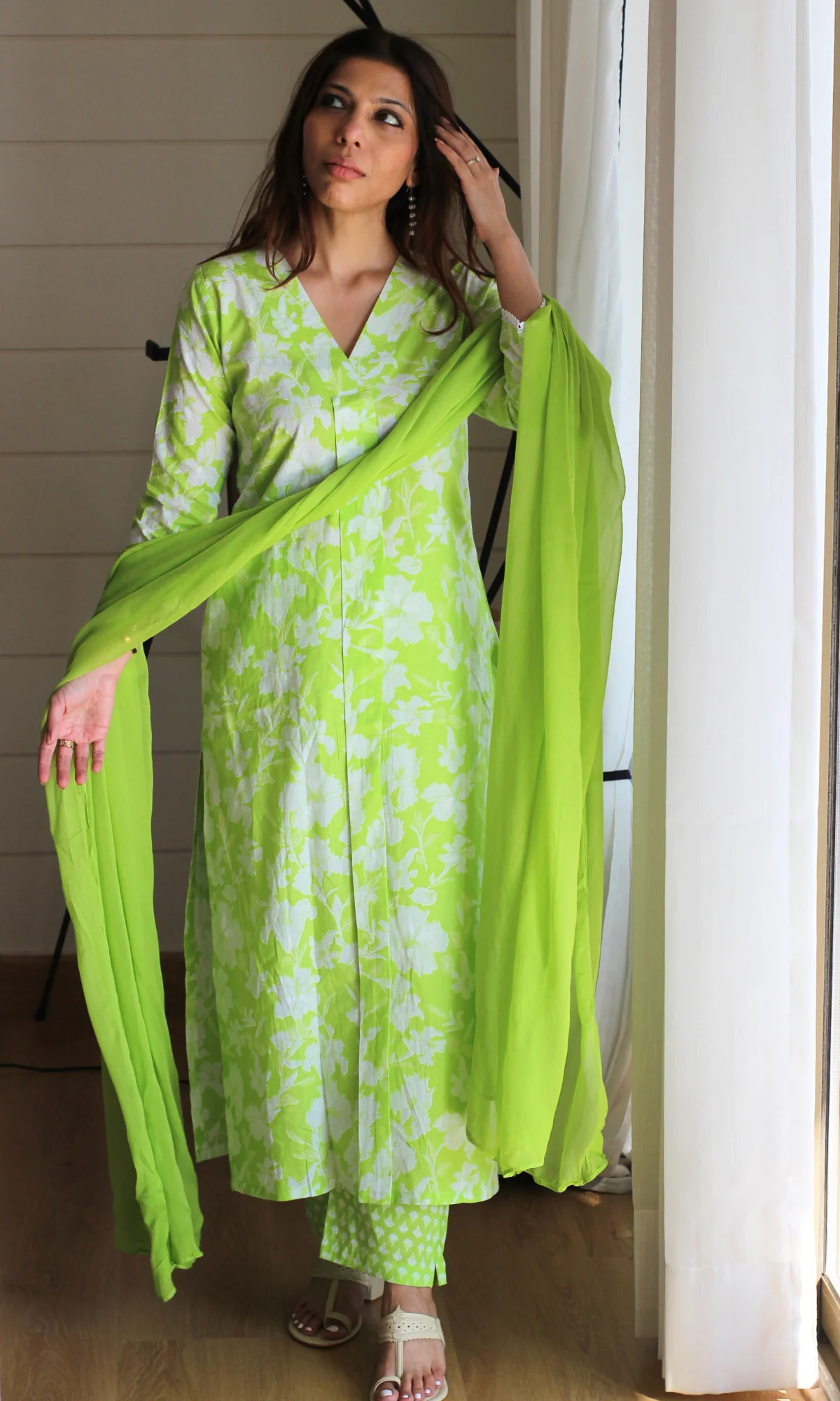 Cotton Lawn Green Botanica Printed Suit with Chiffon Dupatta - Image 3