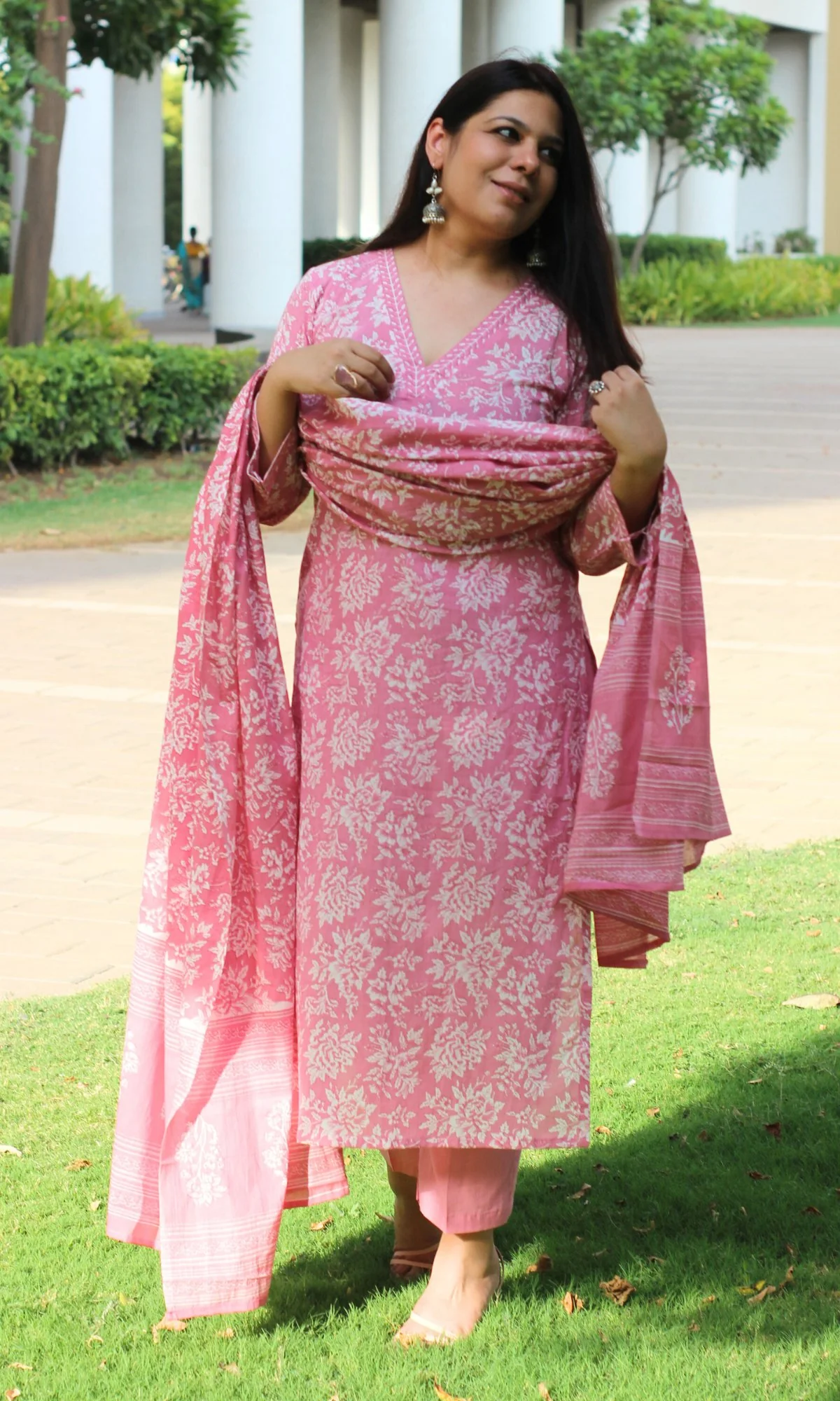 Cotton Light Blush Printed Suit Set with Cotton Printed Dupatta - Image 4