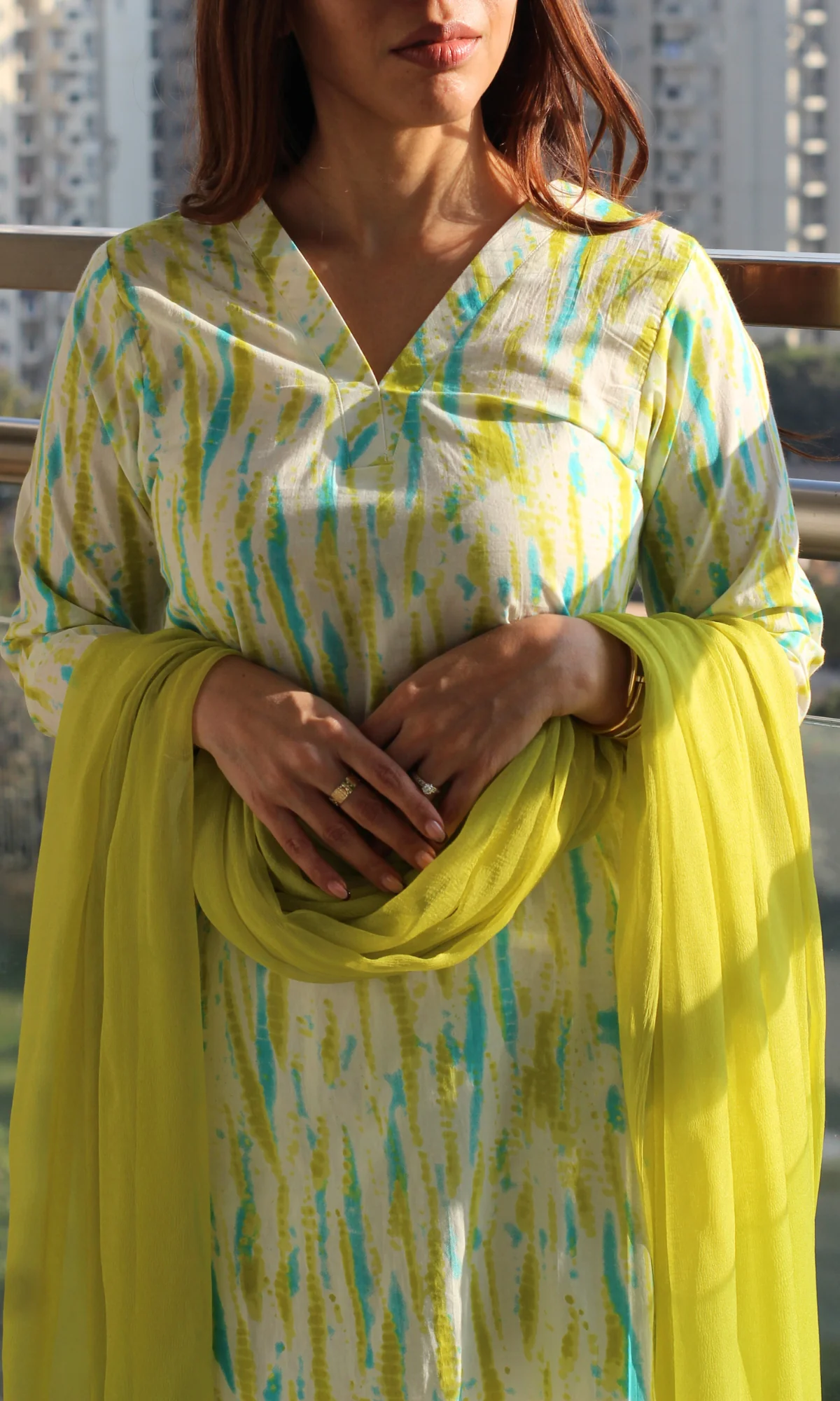 Cotton Lime Sky Breeze Printed Kurta, Pant & Ombré Chiffon Dupatta - Image 3