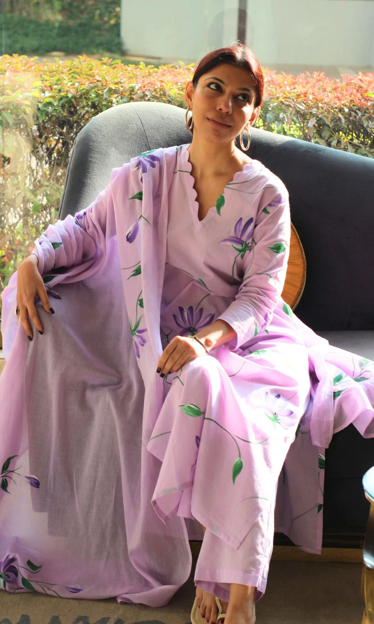 Cotton Lilac Handbrush Painted Suit with Cotton Handpainted Dupatta