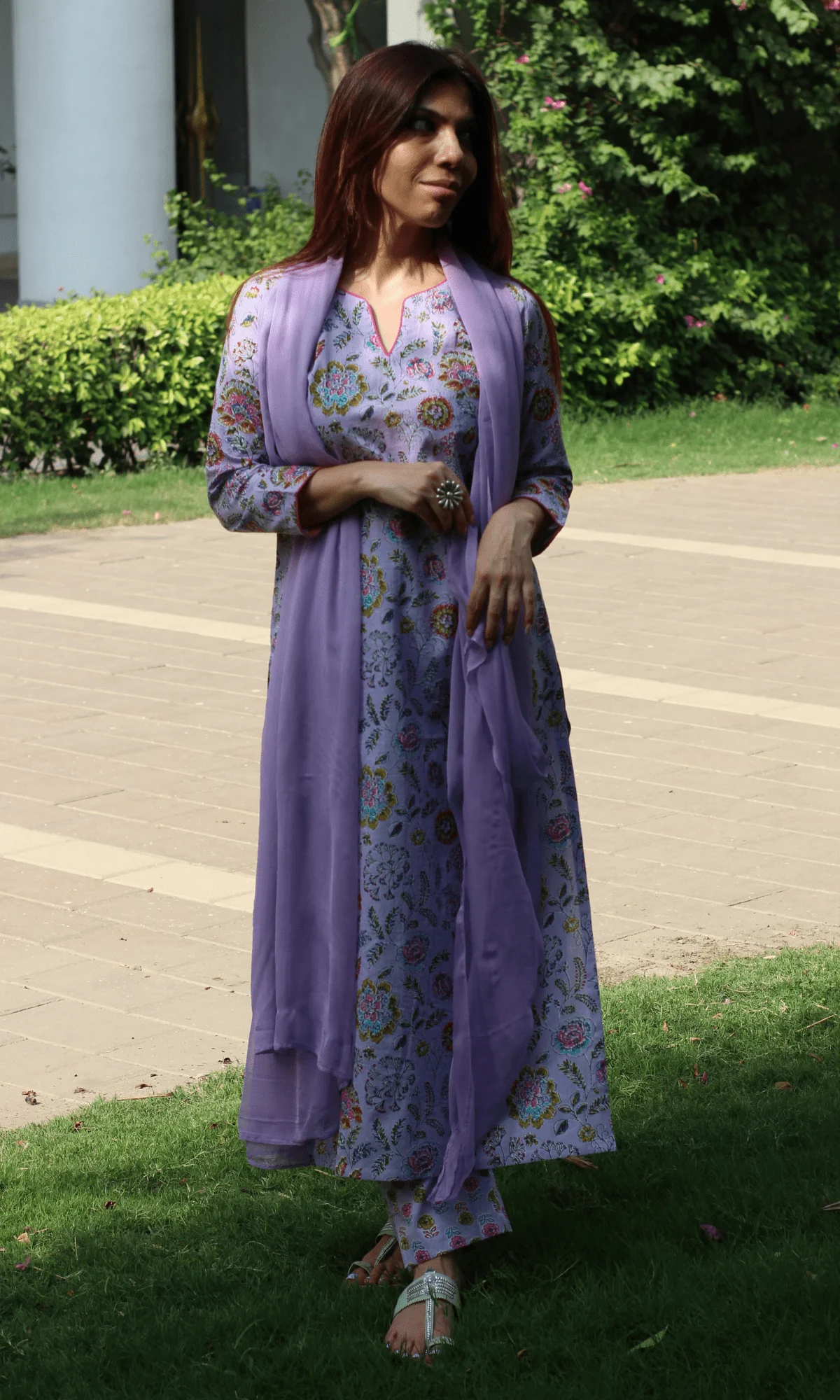 Cotton Lilac Lush Printed Kurta, Pant & Chiffon Dupatta - Image 5