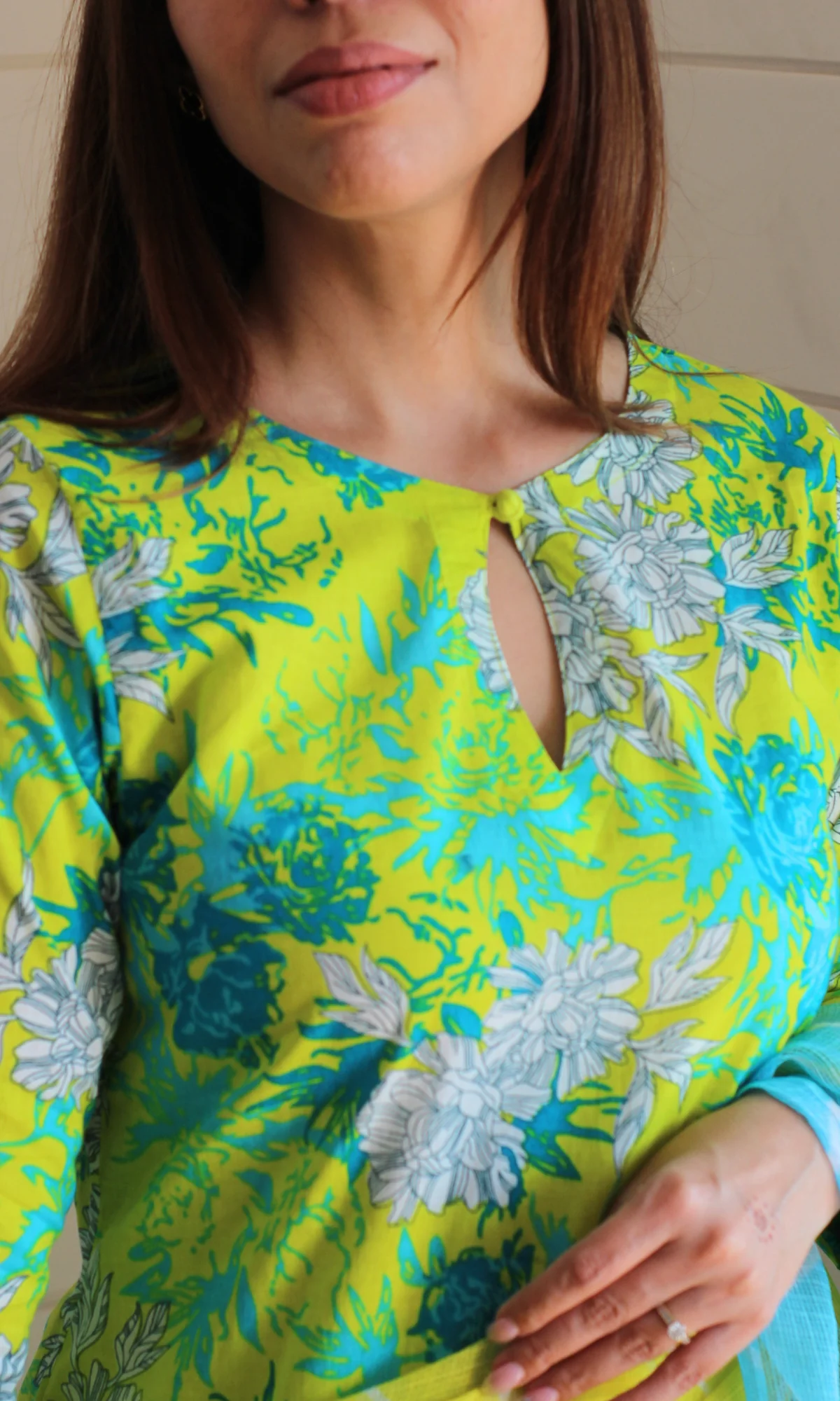 Cotton Lime Aqua Floral Print Kurta, Solid Pants & Lehariya Kota Dupatta - Image 5