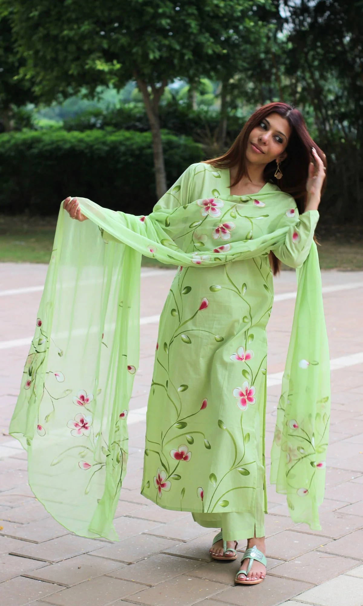 Cotton Lime Green Handpainted Suit Set with Chiffon Handpainted Dupatta - Image 3
