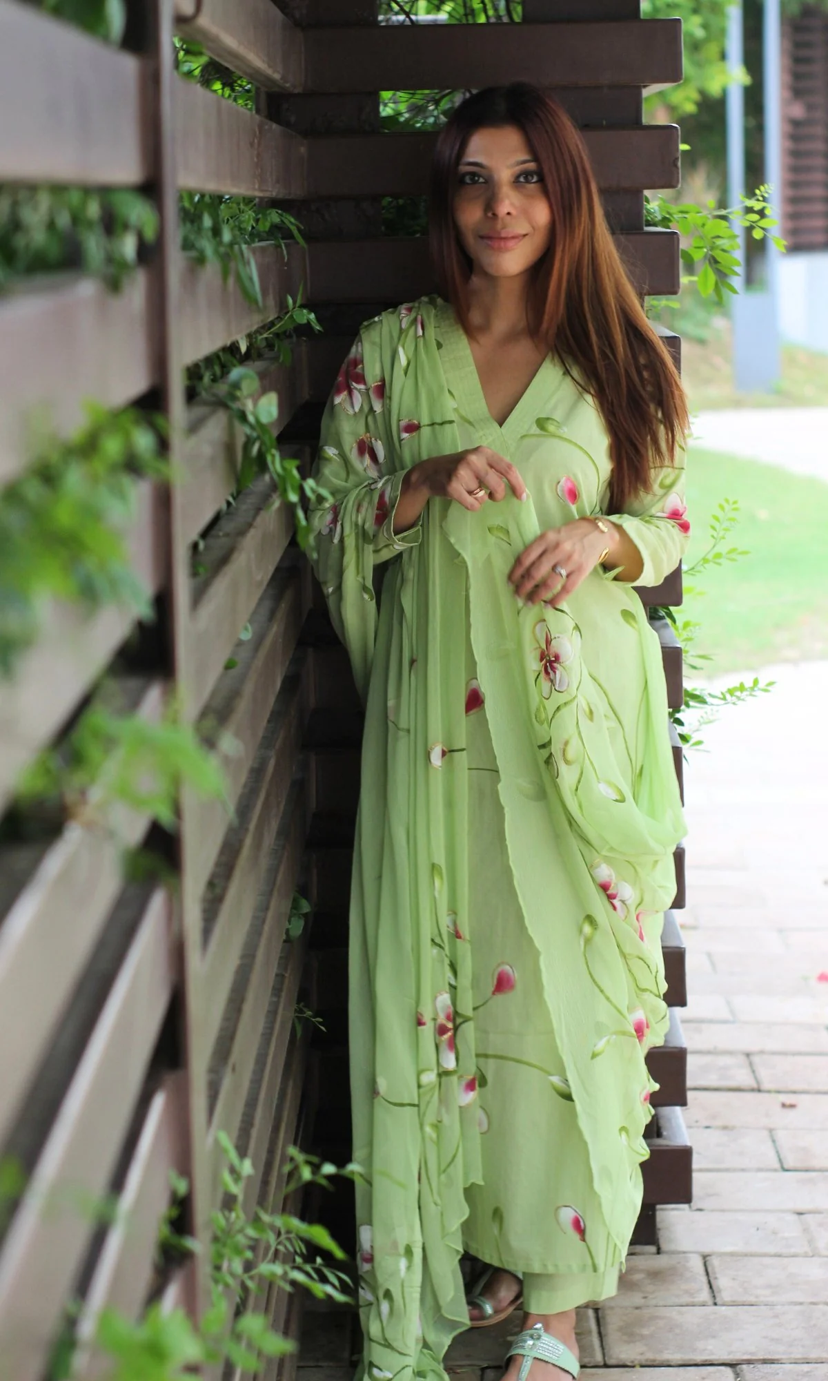 Cotton Lime Green Handpainted Suit Set with Chiffon Handpainted Dupatta - Image 4