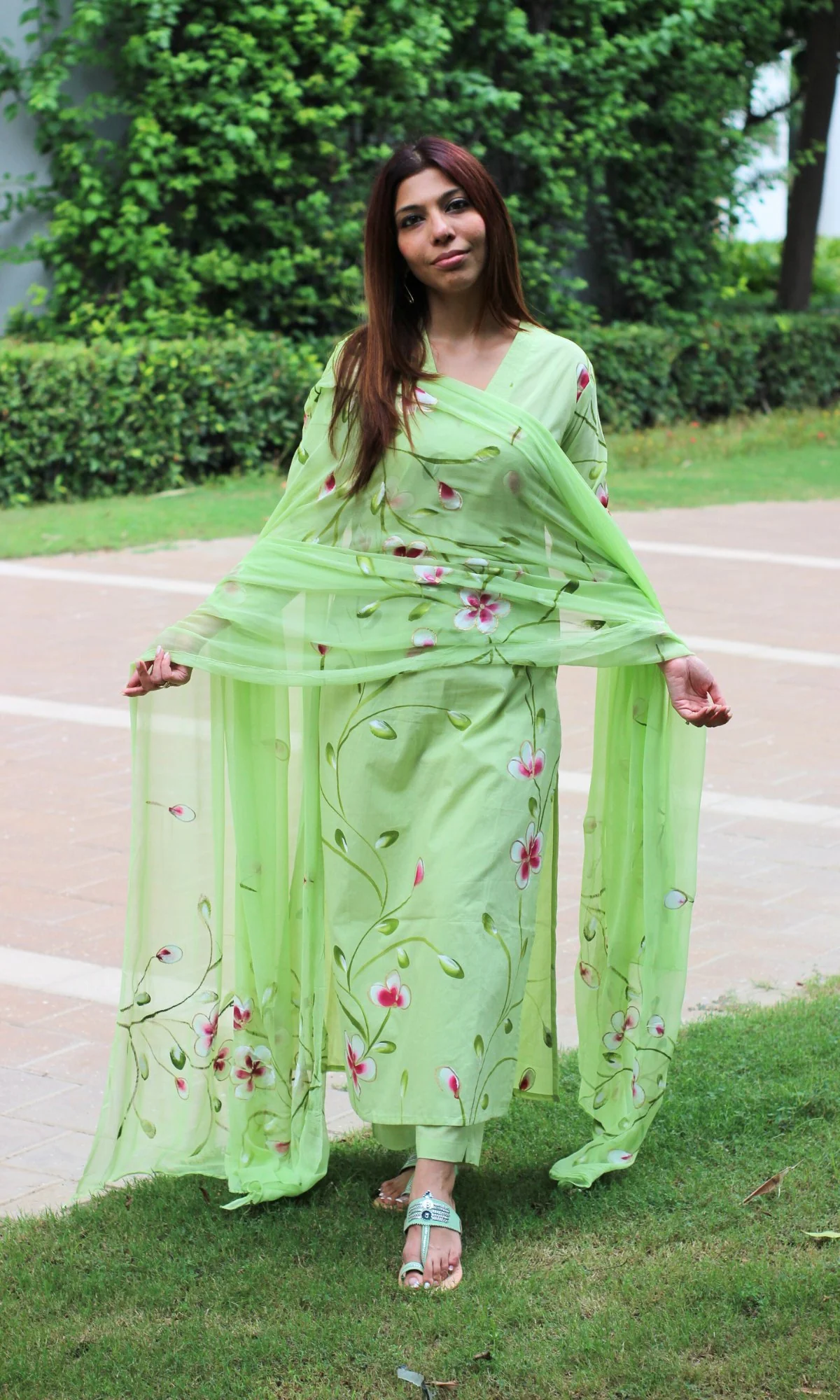 Cotton Lime Green Handpainted Suit Set with Chiffon Handpainted Dupatta - Image 5