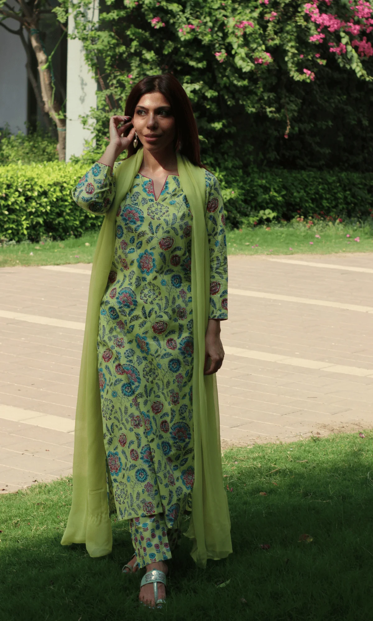 Cotton Lime Zest Printed Kurta, Pant & Chiffon Dupatta - Image 3