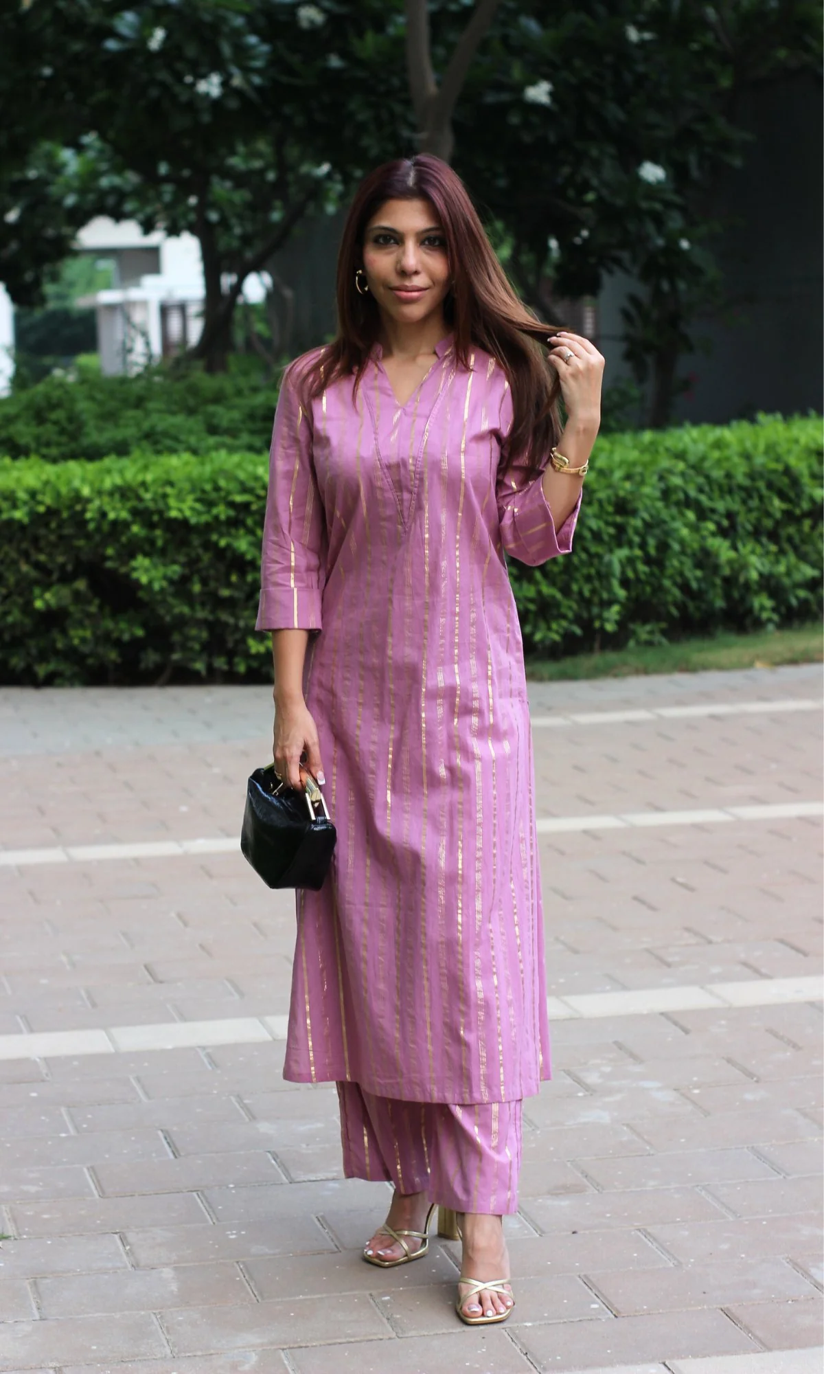 Cotton Lurex Collared Onion V-neck Coord Set - Image 2