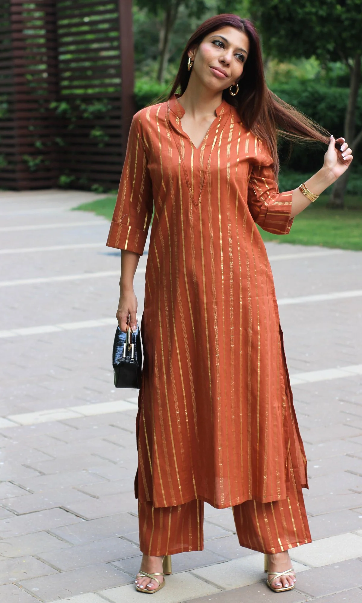 Cotton Lurex Collared Rust V-neck Coord Set - Image 5