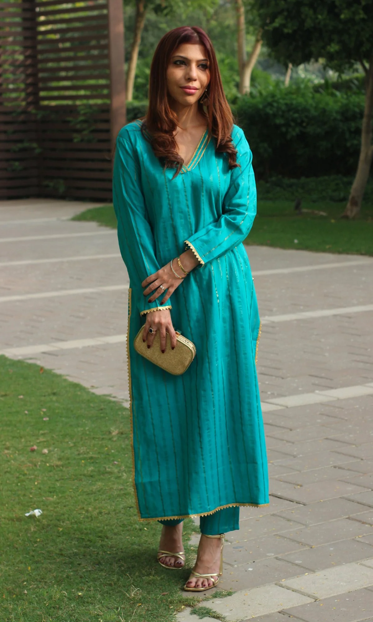 Cotton Lurex Teal and Gold Coord Set - Image 5