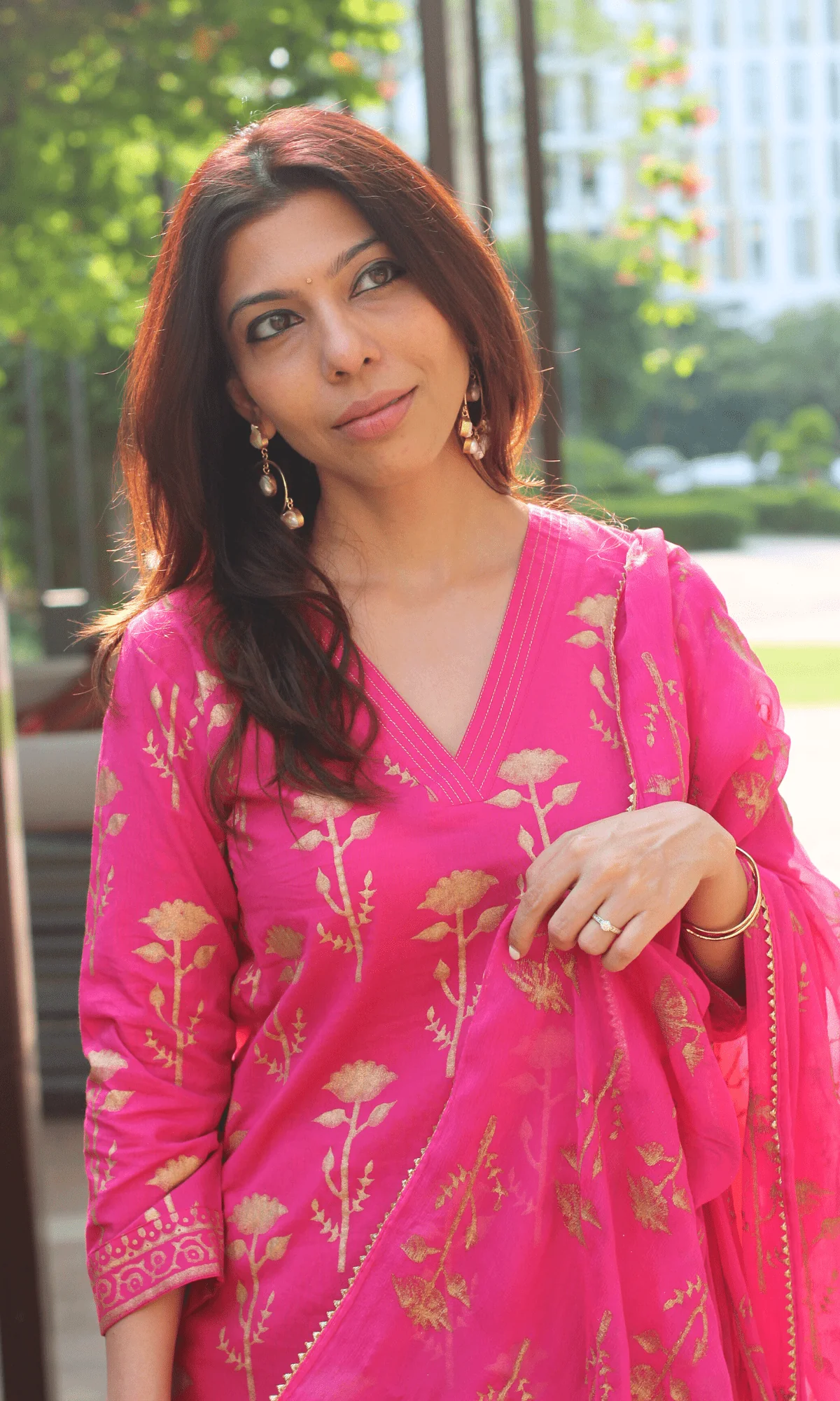 Cotton Magenta & Gold Rose Handblock Suit with Chiffon Gold Laced Dupatta