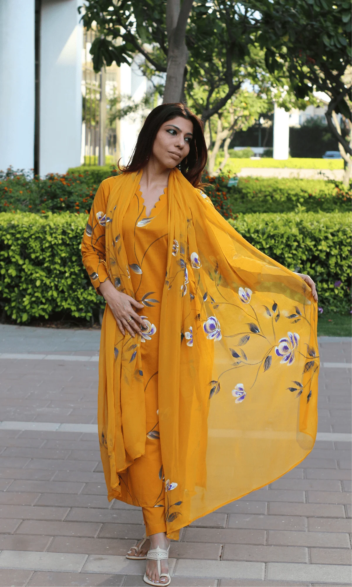 Cotton Mango Handbrush Painted Suit with Chiffon Handpainted Dupatta - Image 6