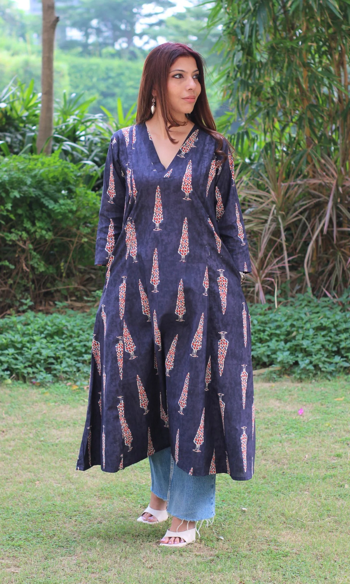 Cotton Midnight Blue Ajrakh Print Kali Kurta - Image 4