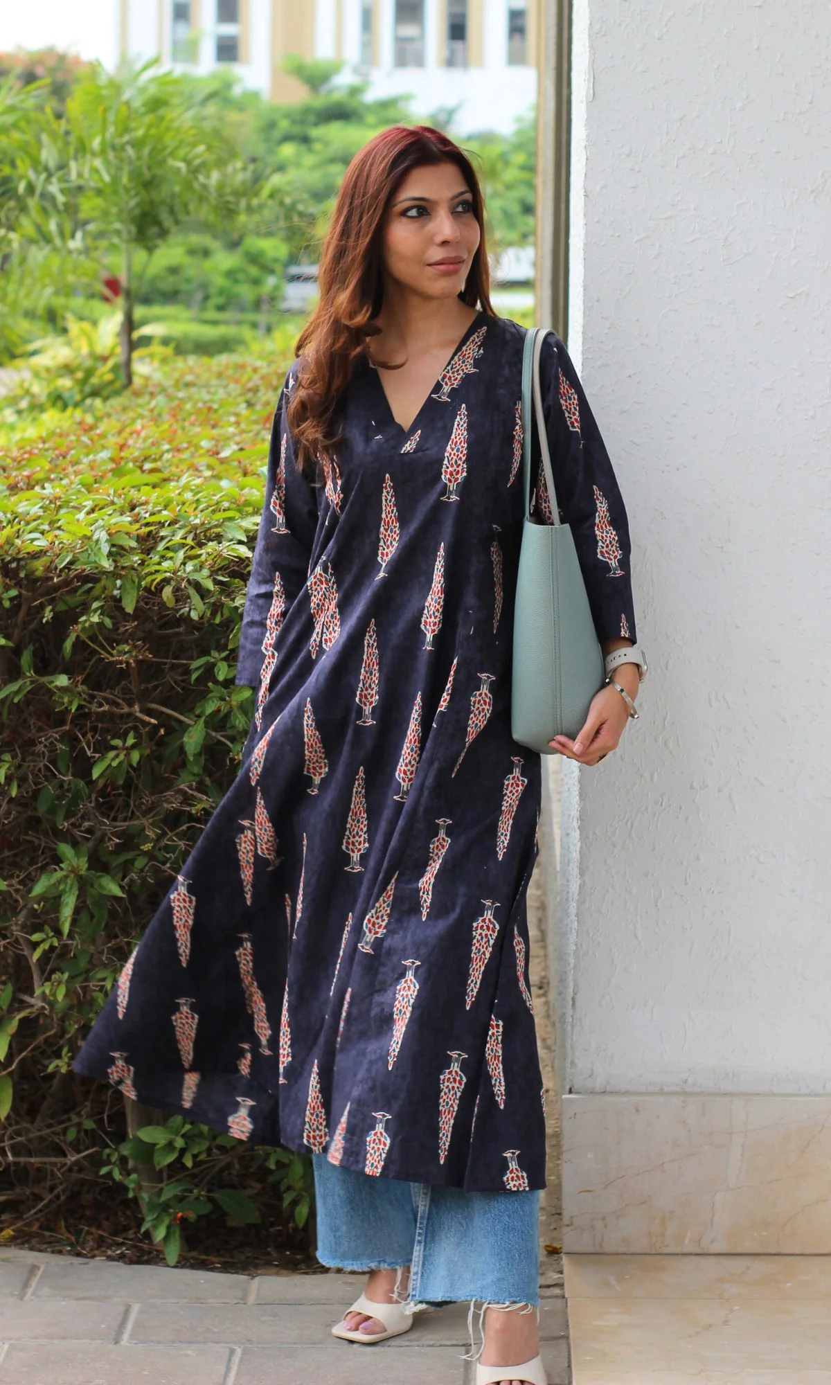 Cotton Midnight Blue Ajrakh Print Kali Kurta - Image 5