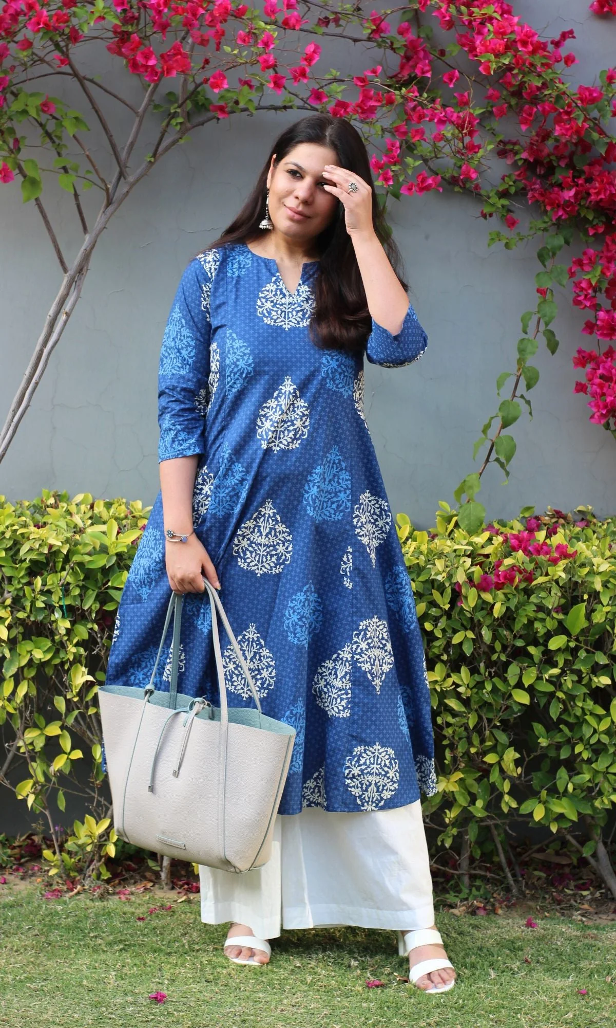 Cotton Mughal Print Blue Kali Kurta - Image 3