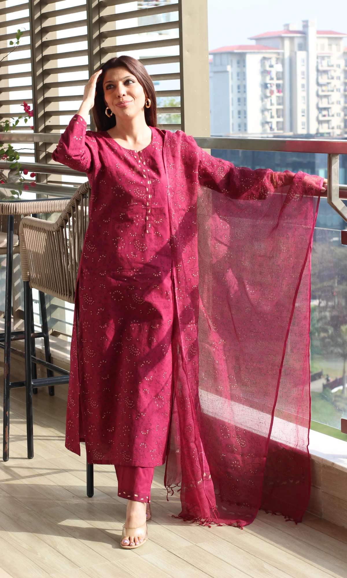 Cotton Mulberry & Gold Handblock Print Kurta , Printed Kota Doria Dupatta - Image 4