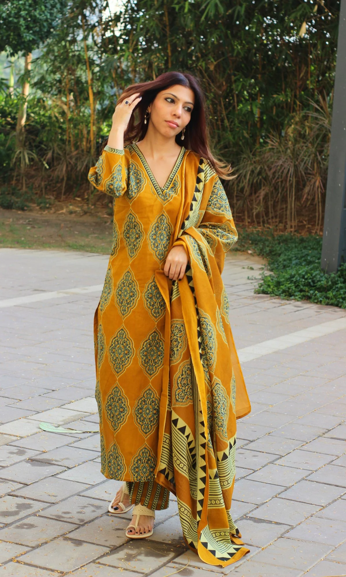 Cotton Mustard Geometric Mughal Print Suit with Cotton Printed Dupatta - Image 4