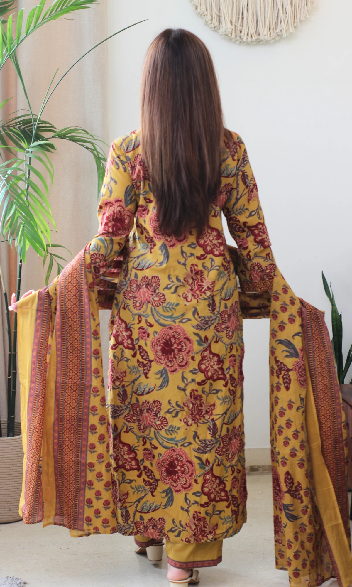 Cotton Mustard & Maroon Printed Kurta, Pant & Cotton Dupatta - Image 3