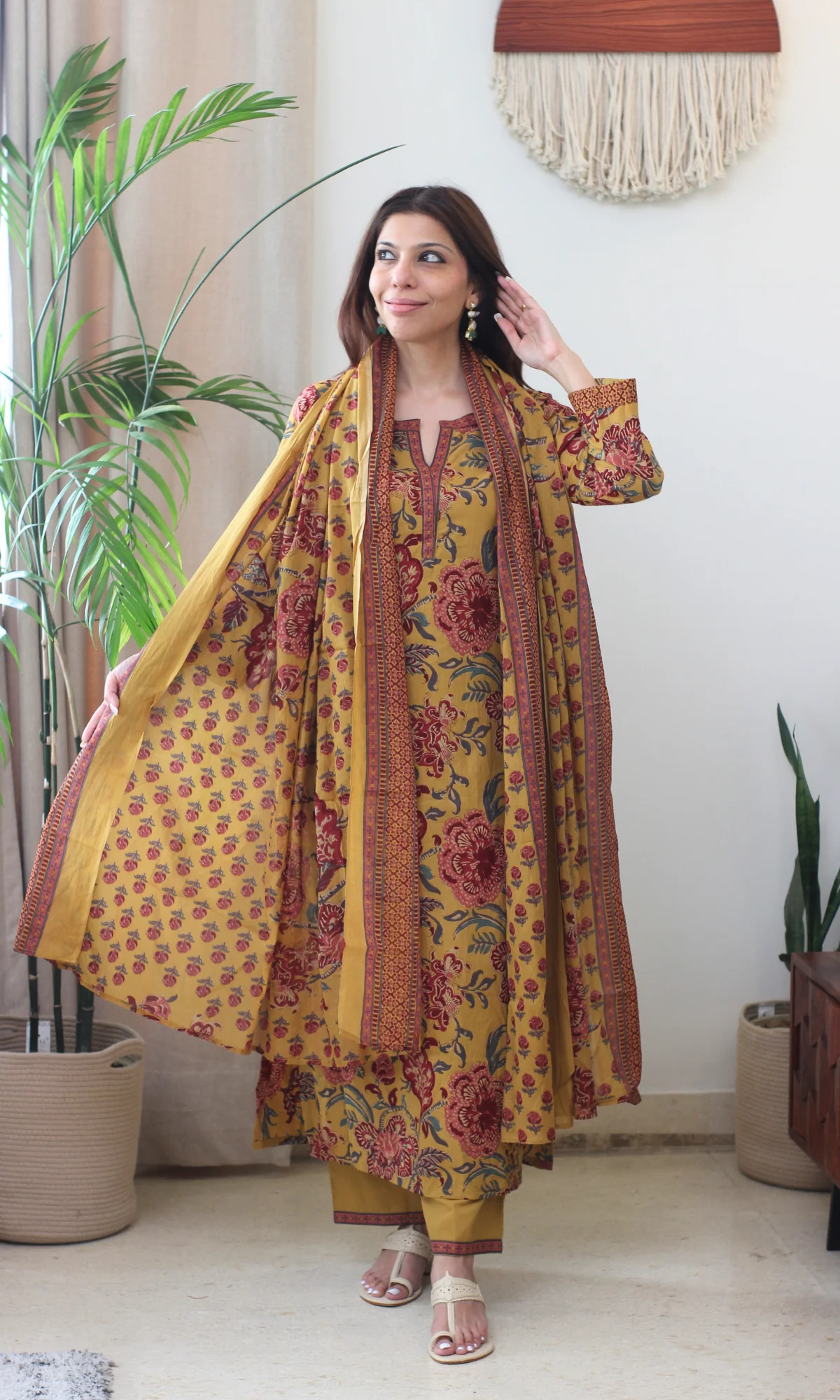 Cotton Mustard & Maroon Printed Kurta, Pant & Cotton Dupatta - Image 6