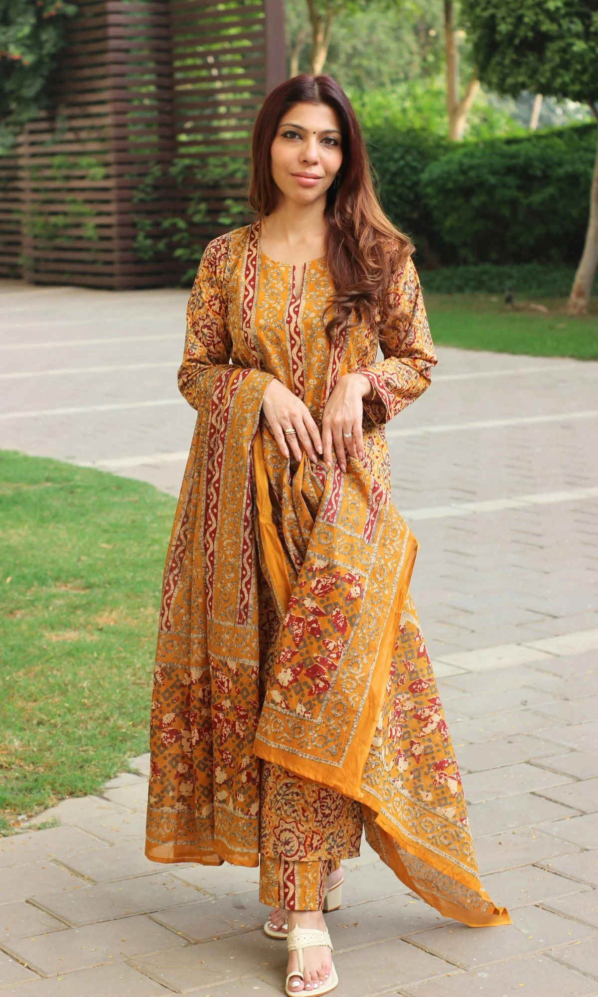 Cotton Mustard & Red Printed Suit with Mul Printed Dupatta - Image 2