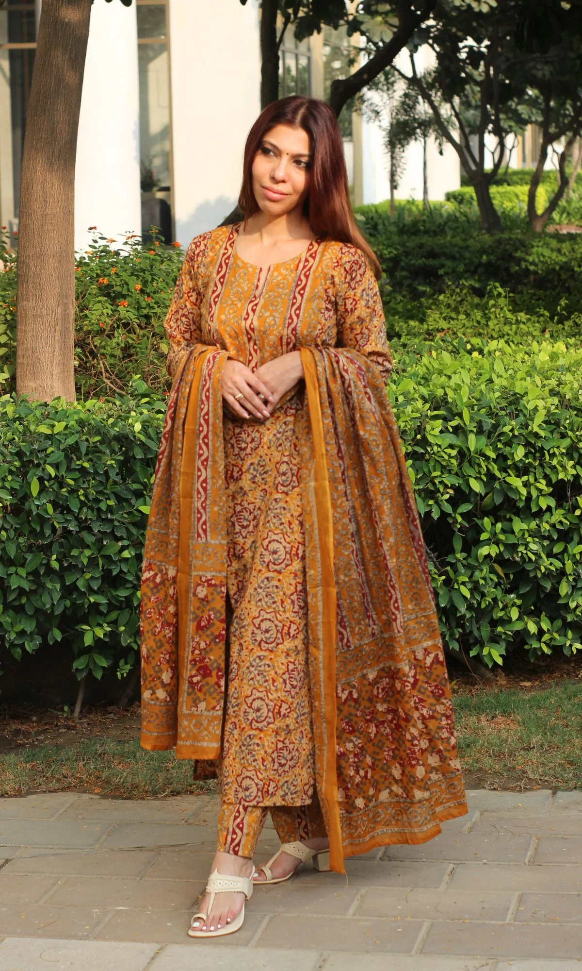 Cotton Mustard & Red Printed Suit with Mul Printed Dupatta - Image 5