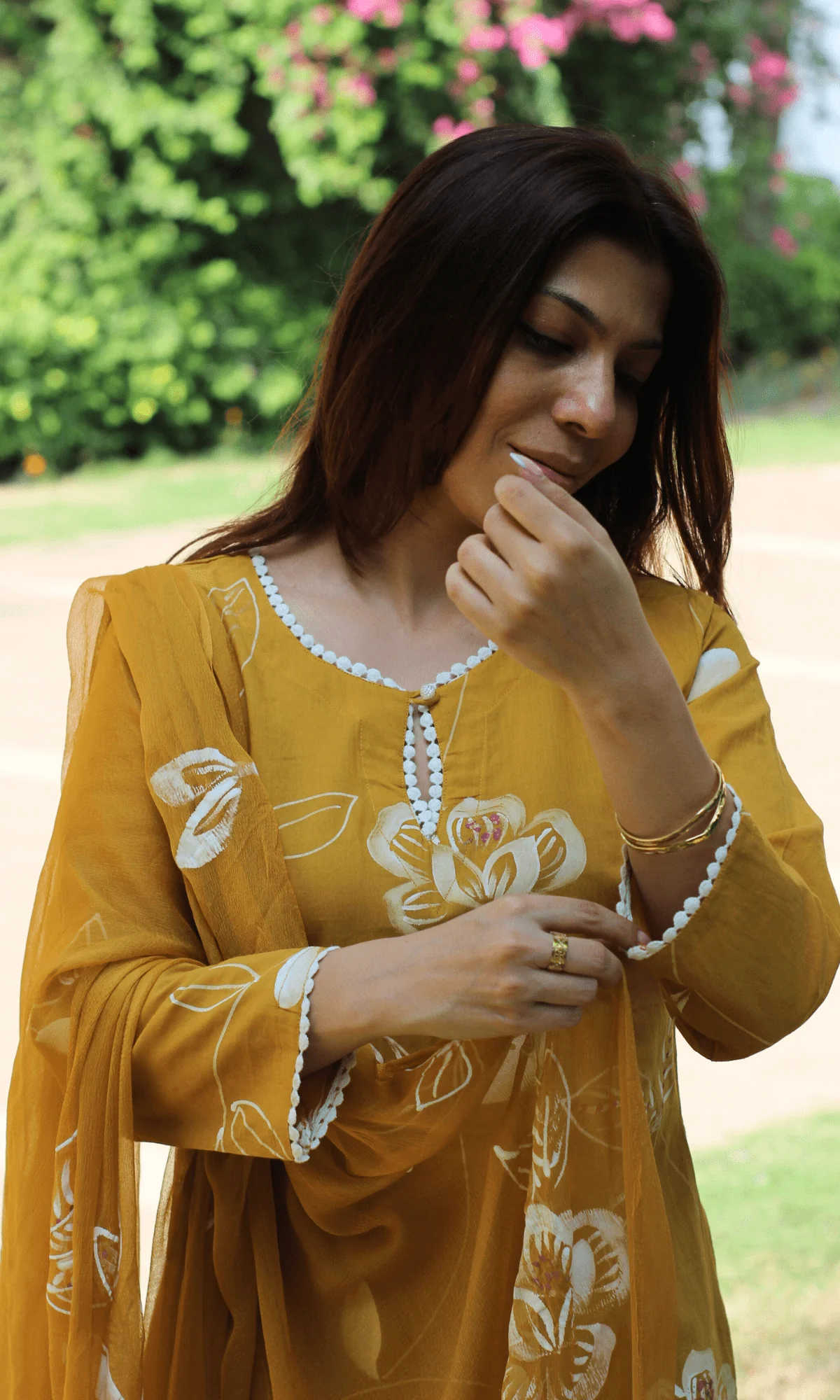 Cotton Mustard Yellow Pearl Handbrush Painted Suit with Chiffon Hand Painted Dupatta - Image 3