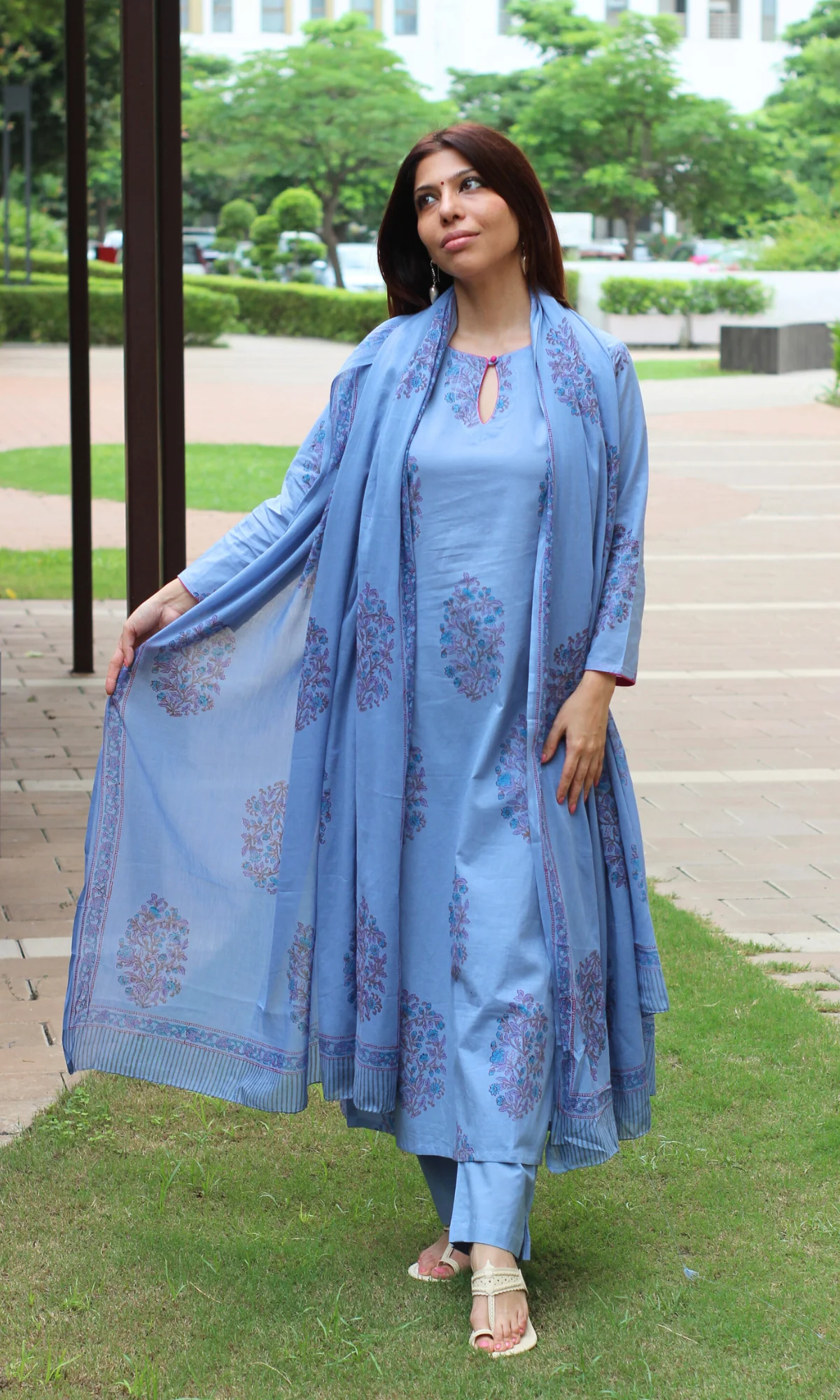 Cotton Muted Blue Hand Block Mughal Print Kurta, Dupatta & Cotton Pants - Image 4