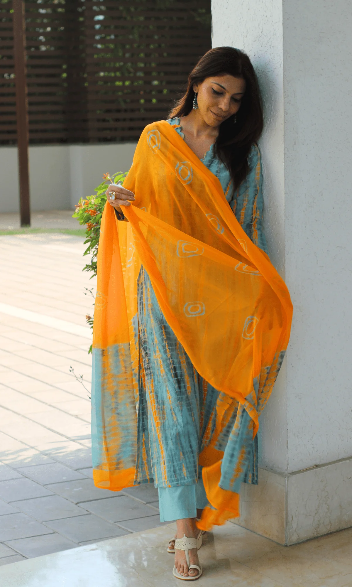 Cotton Ocean Blue & Orange Tie & Dye Suit with Chiffon Printed Dupatta - Image 6