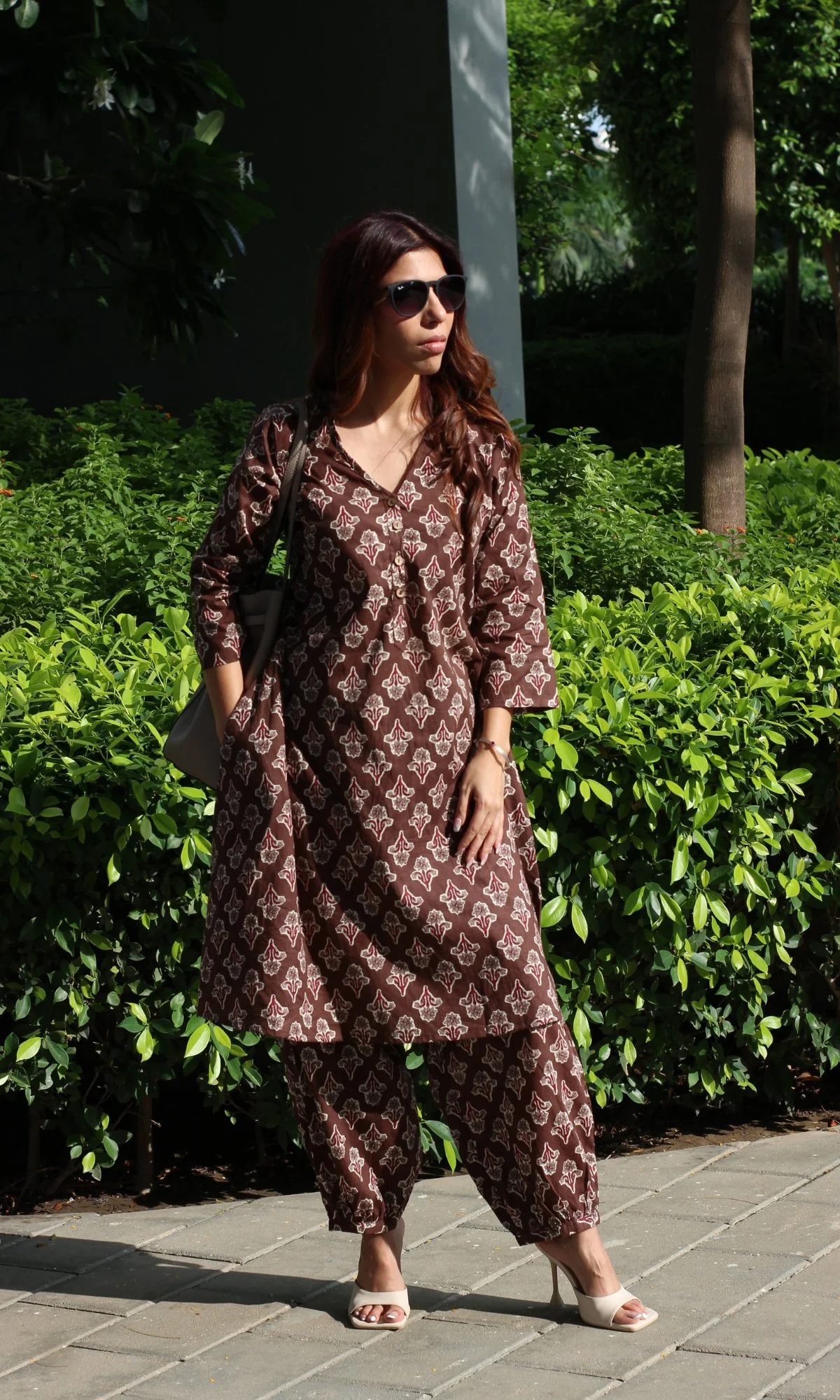 Cotton Chocolate Brown A-Line Kurta with Pathani Pants - Image 2
