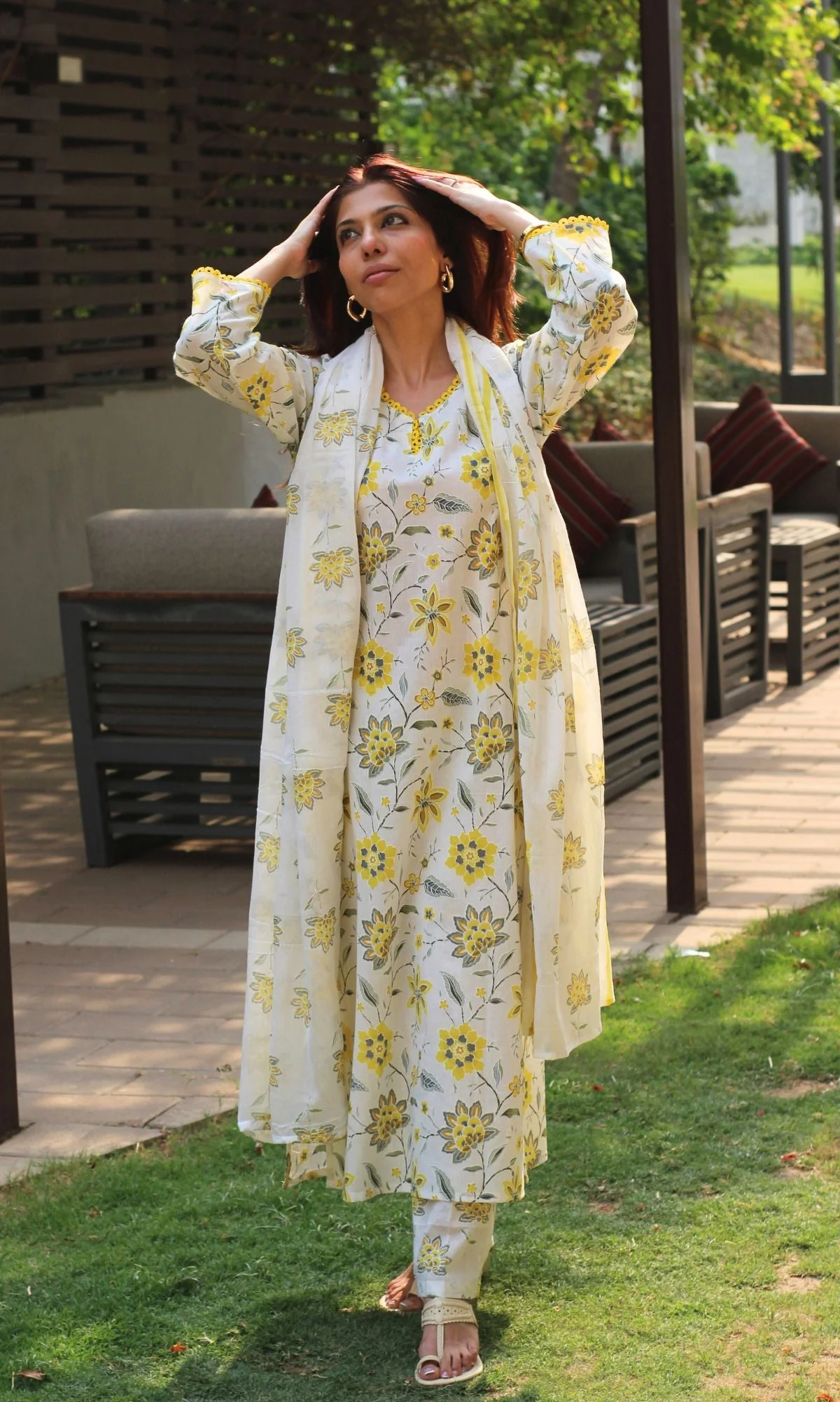 Cotton Off White & Yellow Blossom Print Suit with Lace Detailing & Cotton Printed Dupatta - Image 5