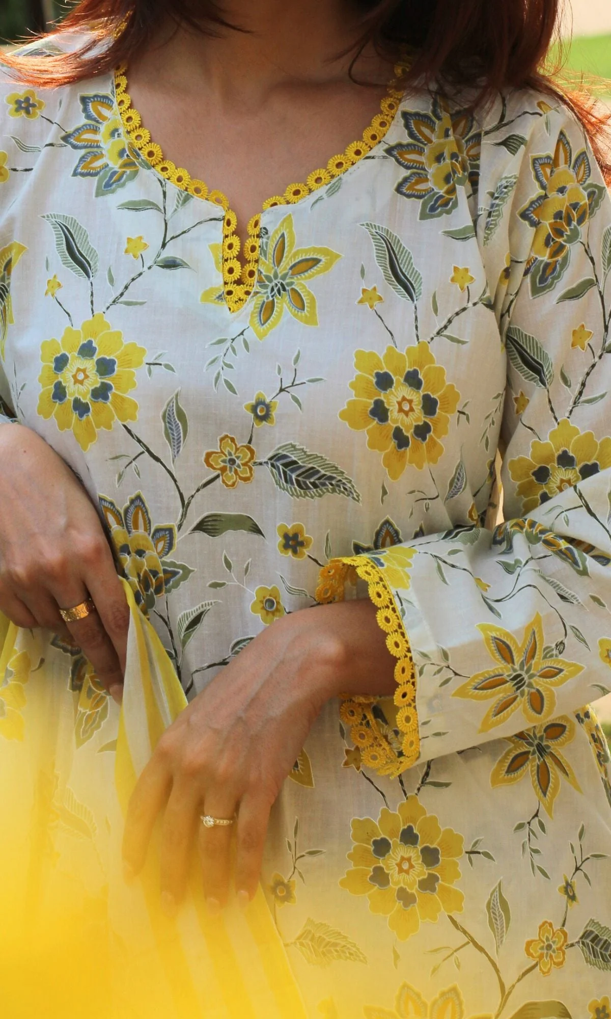 Cotton Off White & Yellow Blossom Print Suit with Lace Detailing & Cotton Printed Dupatta - Image 6