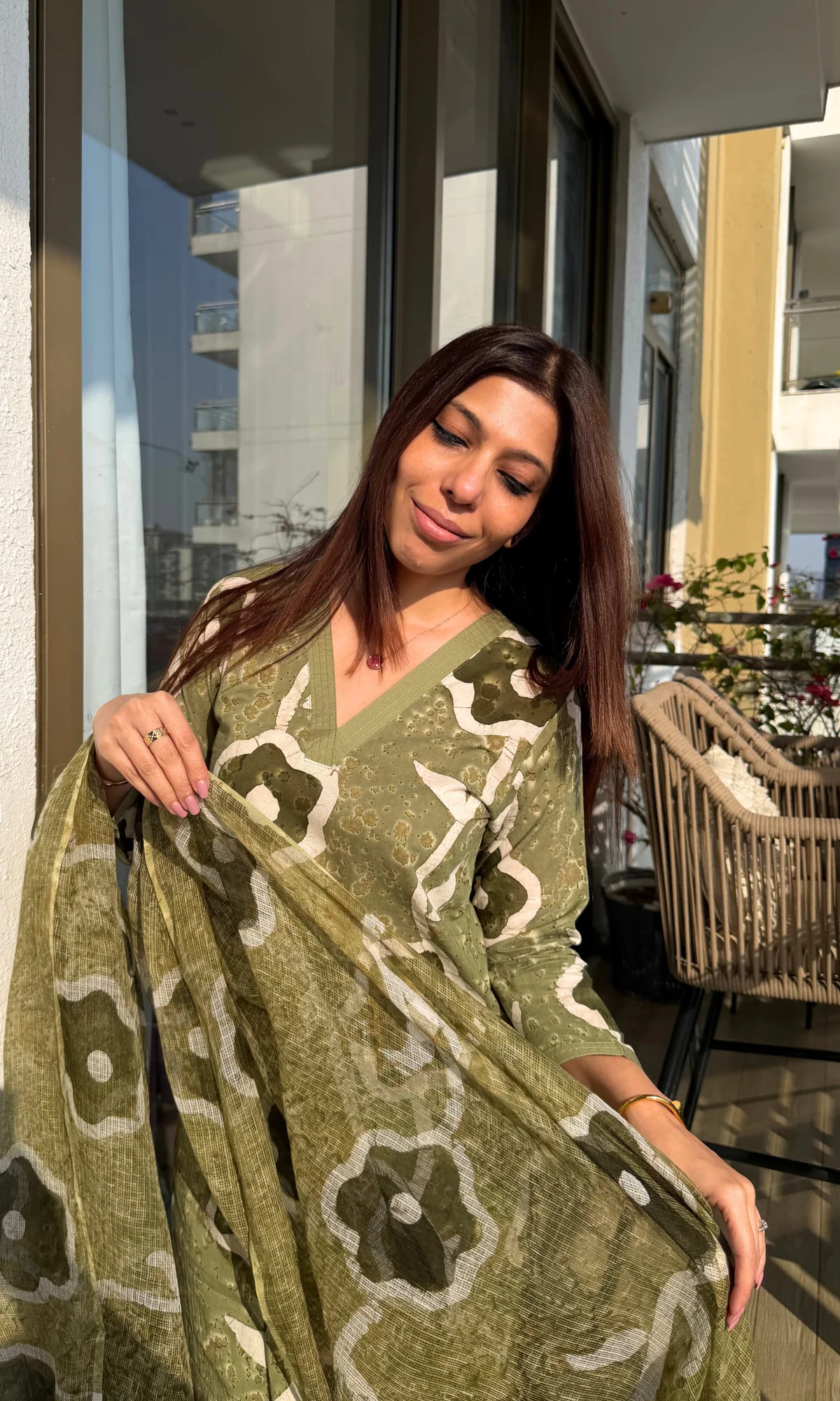 Cotton Olive Shibori Print Kurta & Pants with Kota Doria Printed Dupatta - Image 5