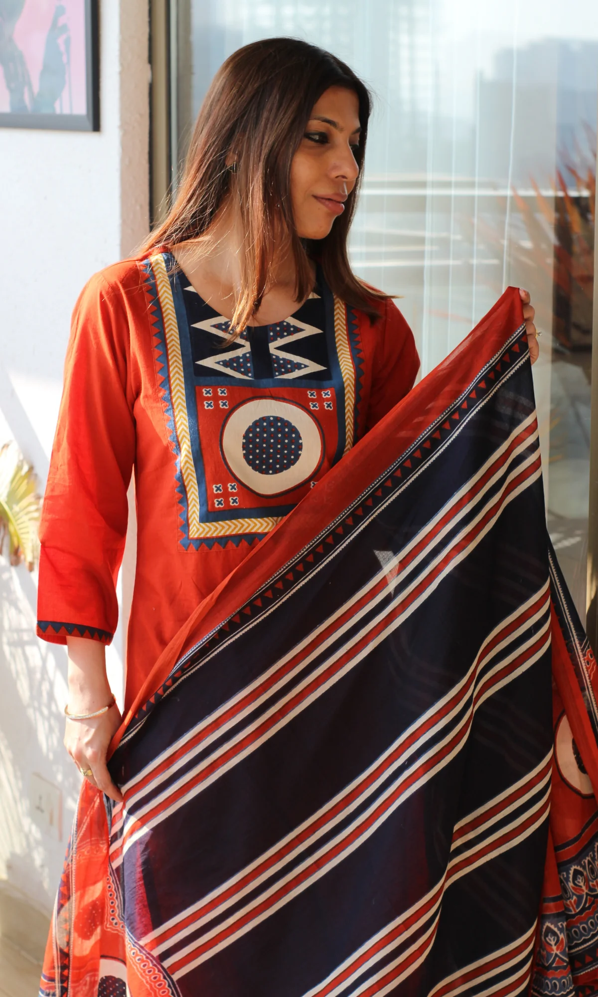 Cotton Orange Red Motif Neck Kurta, Pant & Printed Dupatta - Image 3