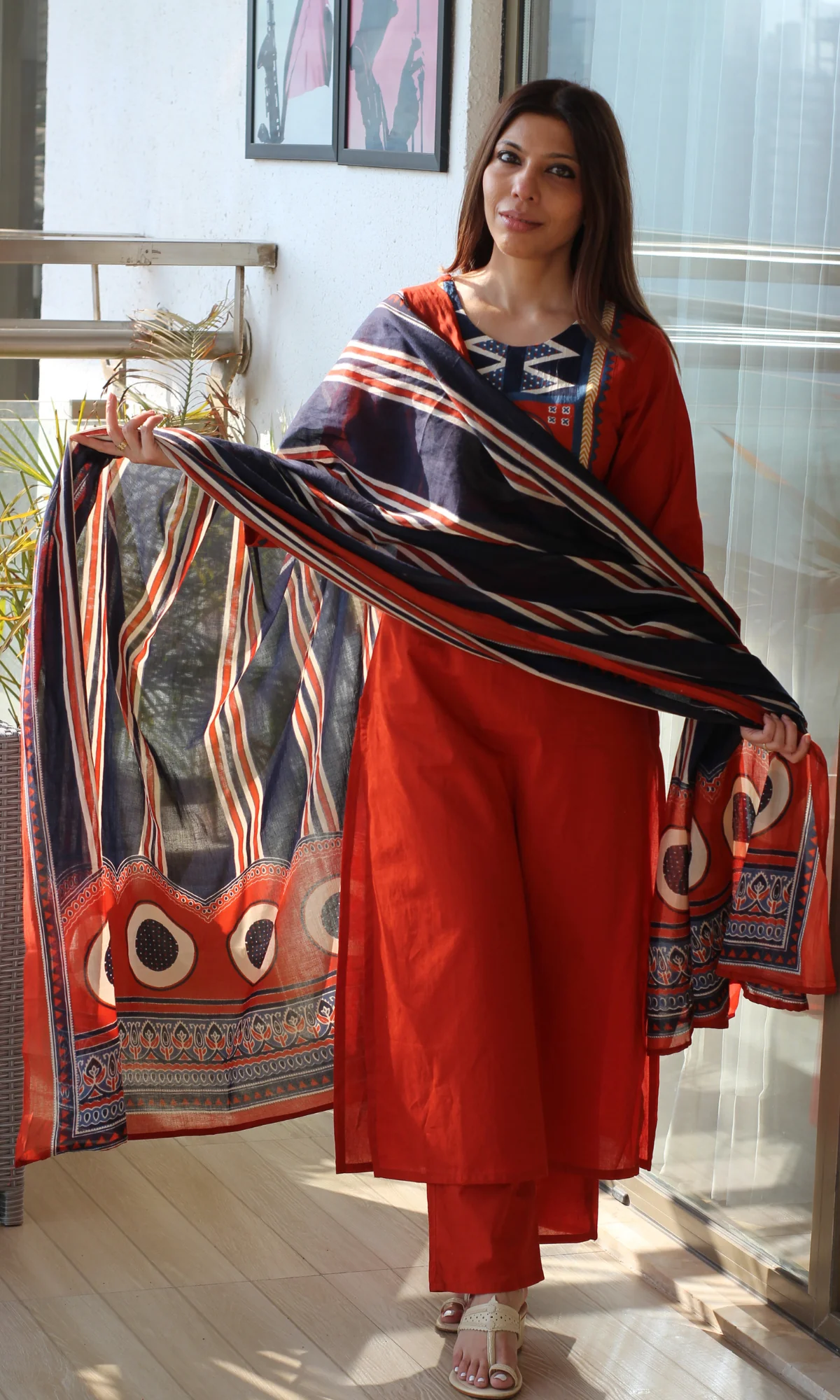 Cotton Orange Red Motif Neck Kurta, Pant & Printed Dupatta - Image 4
