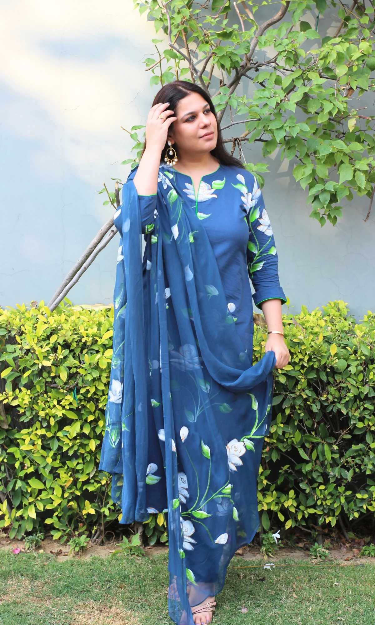 Cotton Oxford Blue Hand Painted Suit with Chiffon Handpainted Dupatta