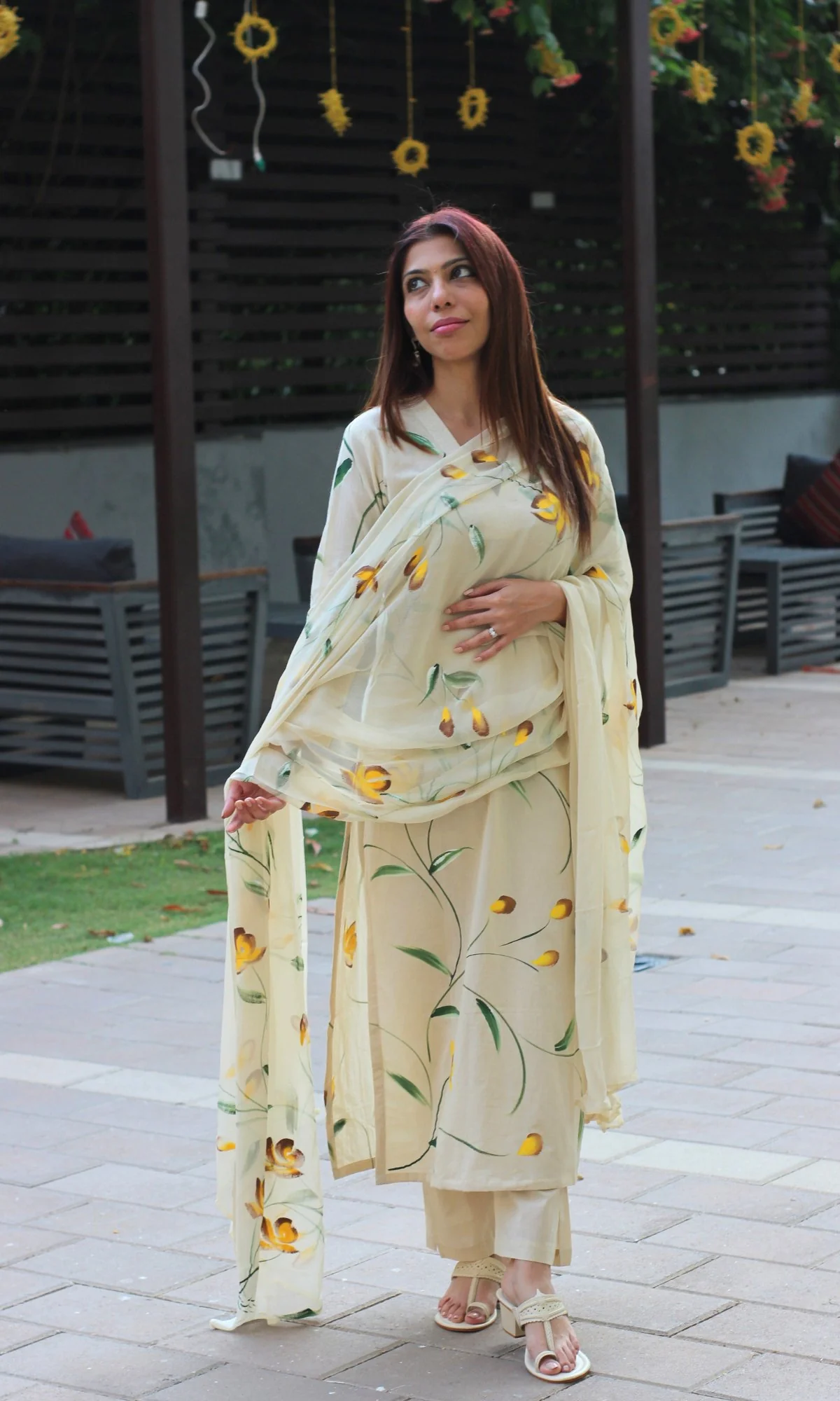 Cotton Pale Yellow Handbrush Painted Suit with Chiffon Hand painted Dupatta - Image 3