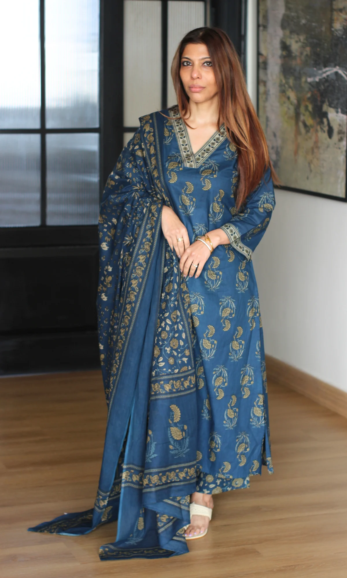 Cotton Pastel Blue Mughal Print Suit with Cotton Printed Dupatta - Image 4