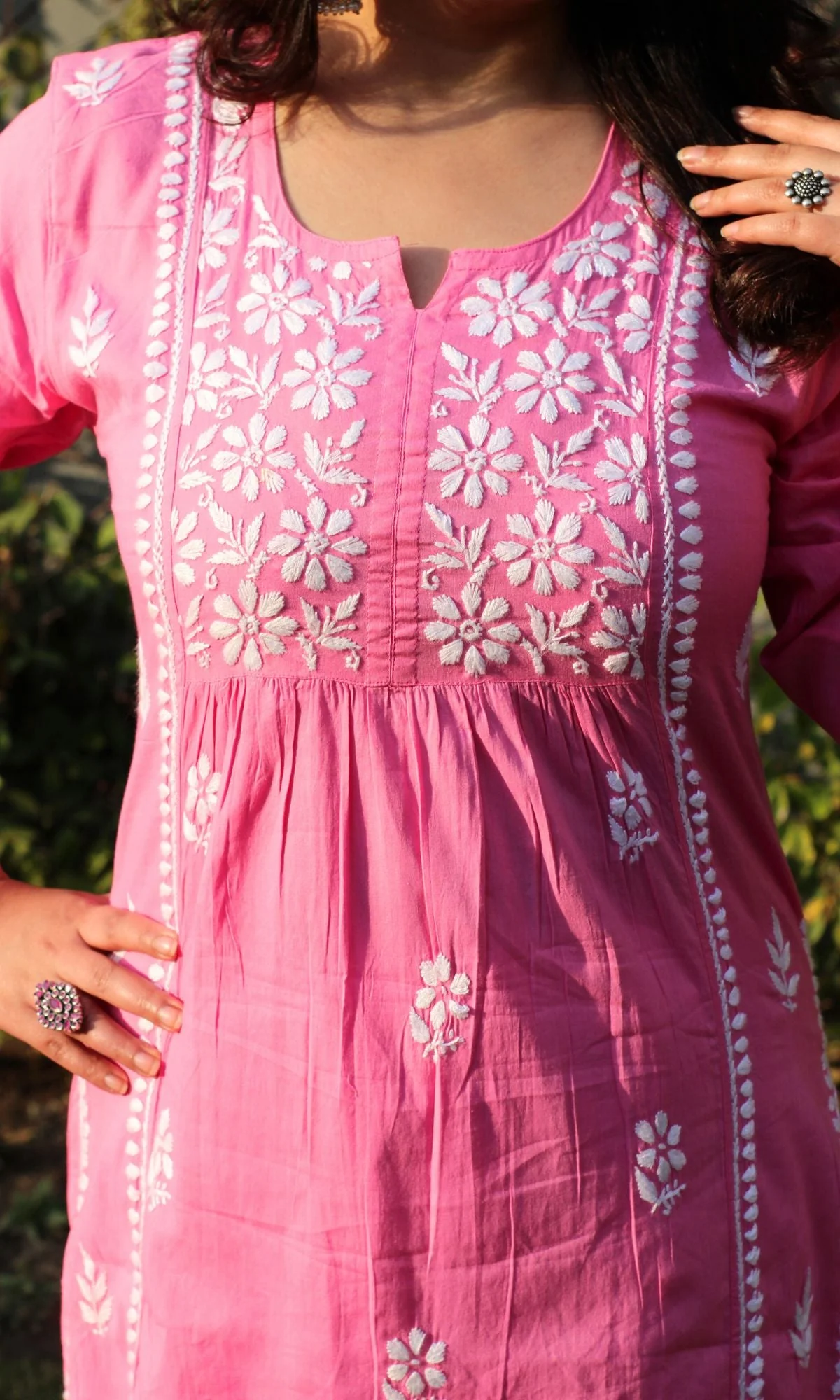 Cotton Pink Handwork Chikankari Naira Cut Kurta - Image 4