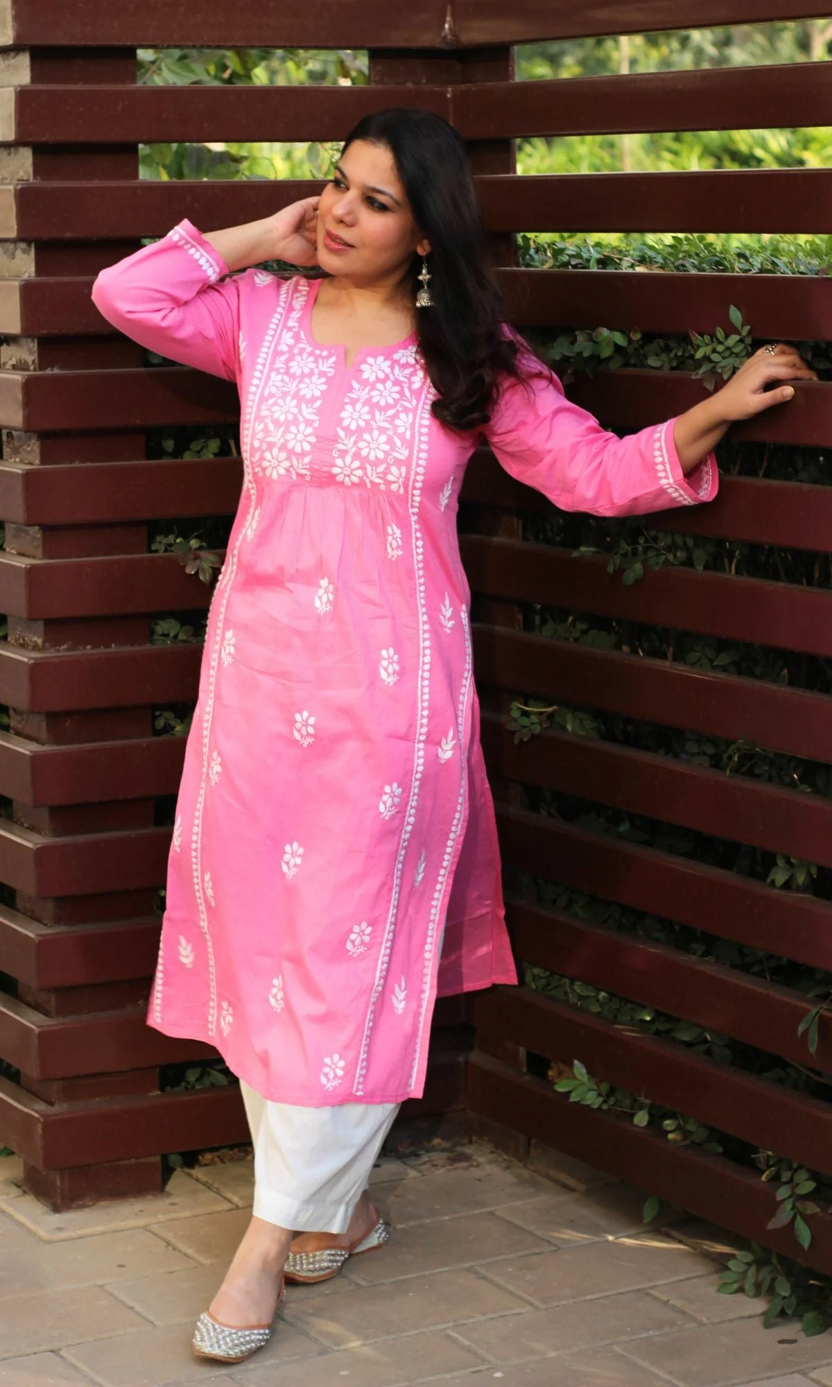 Cotton Pink Handwork Chikankari Naira Cut Kurta - Image 5