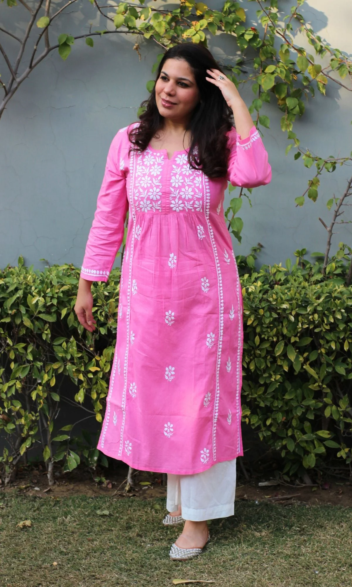 Cotton Pink Handwork Chikankari Naira Cut Kurta - Image 6