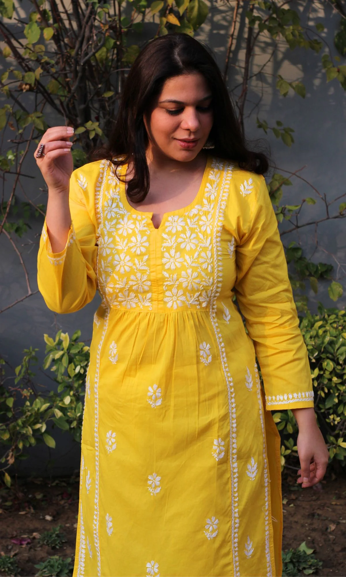 Cotton Yellow Handwork Chikankari Naira Cut Kurta - Image 3