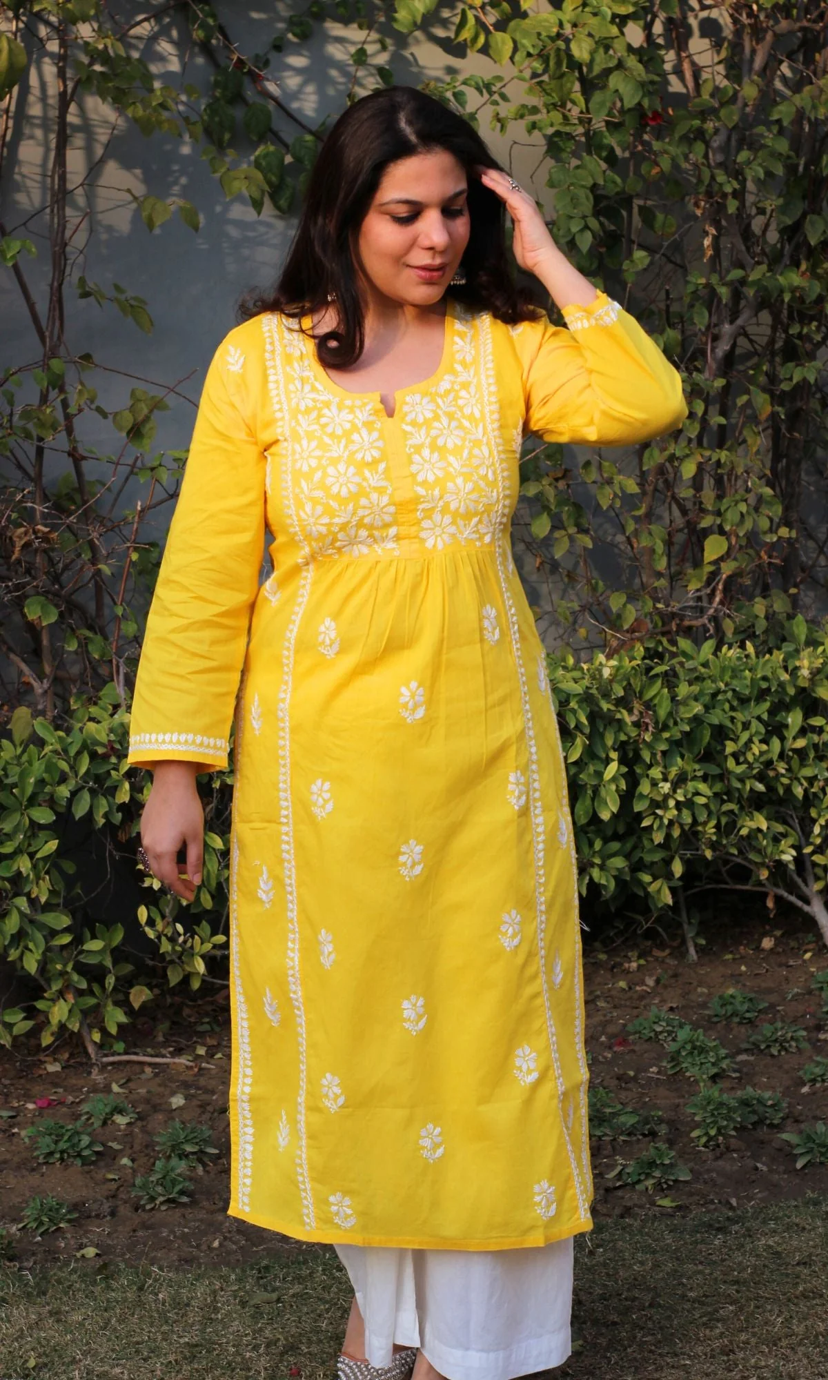 Cotton Yellow Handwork Chikankari Naira Cut Kurta - Image 4