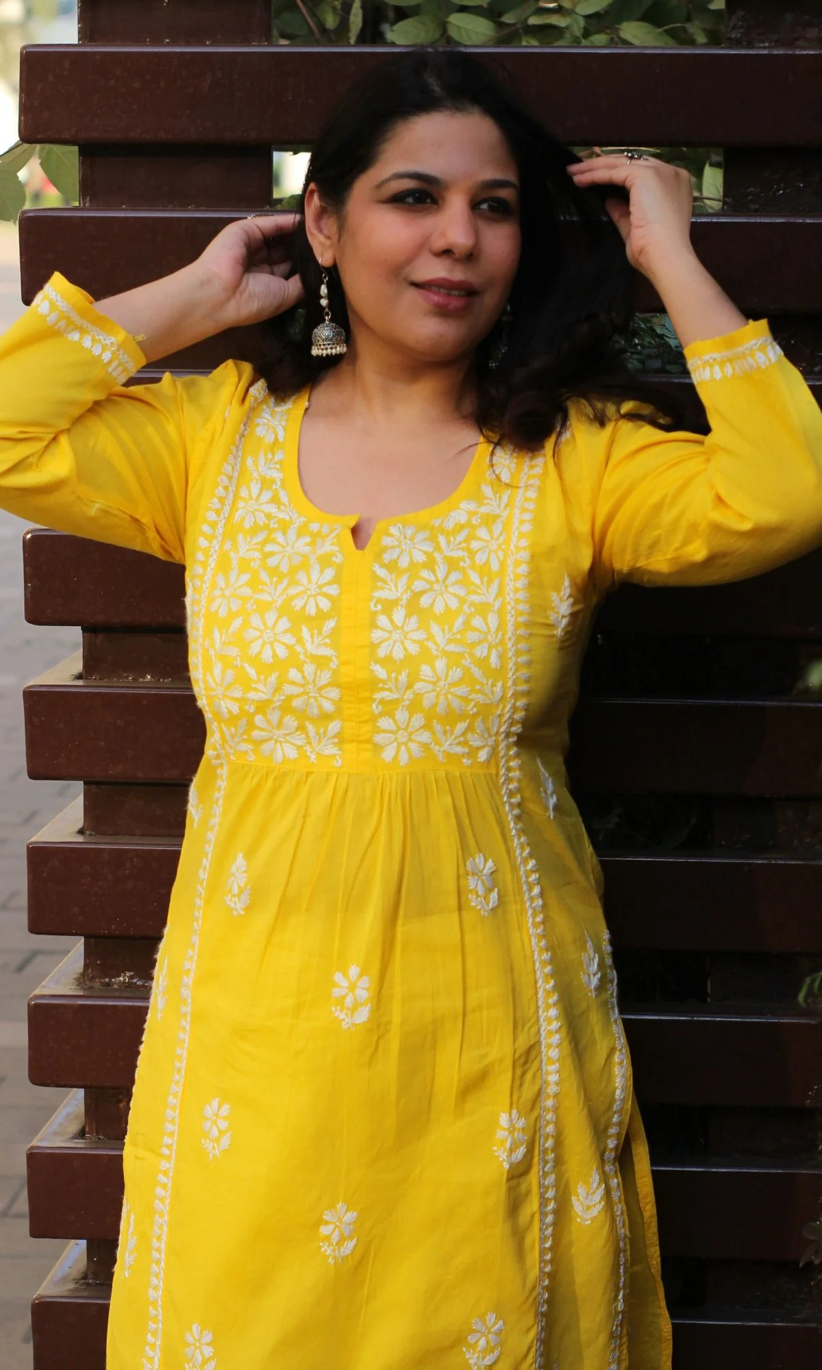 Cotton Yellow Handwork Chikankari Naira Cut Kurta - Image 5