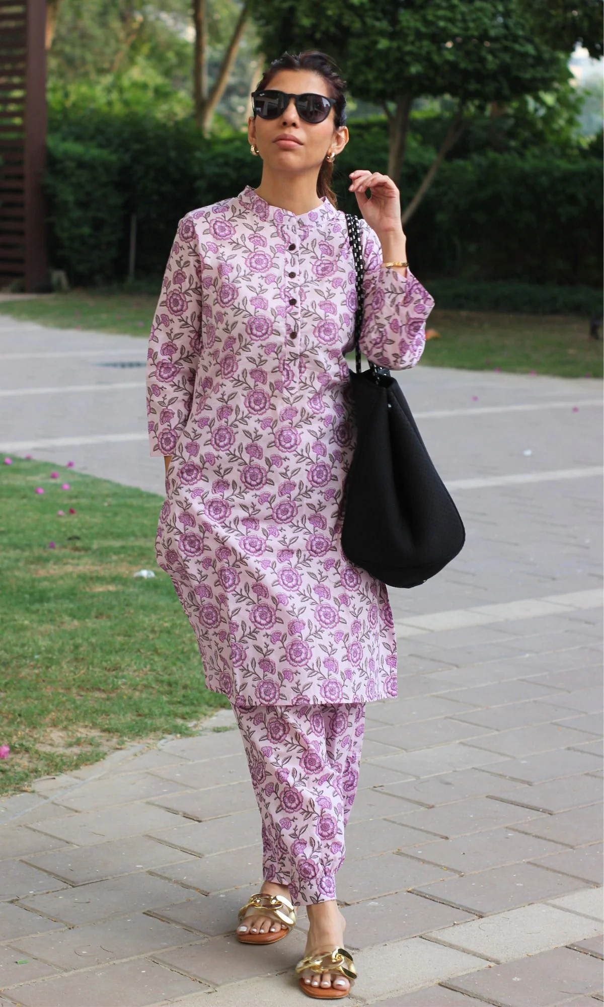 Cotton Pink & Purple Printed Buttoned Kurta with Pathani Pants