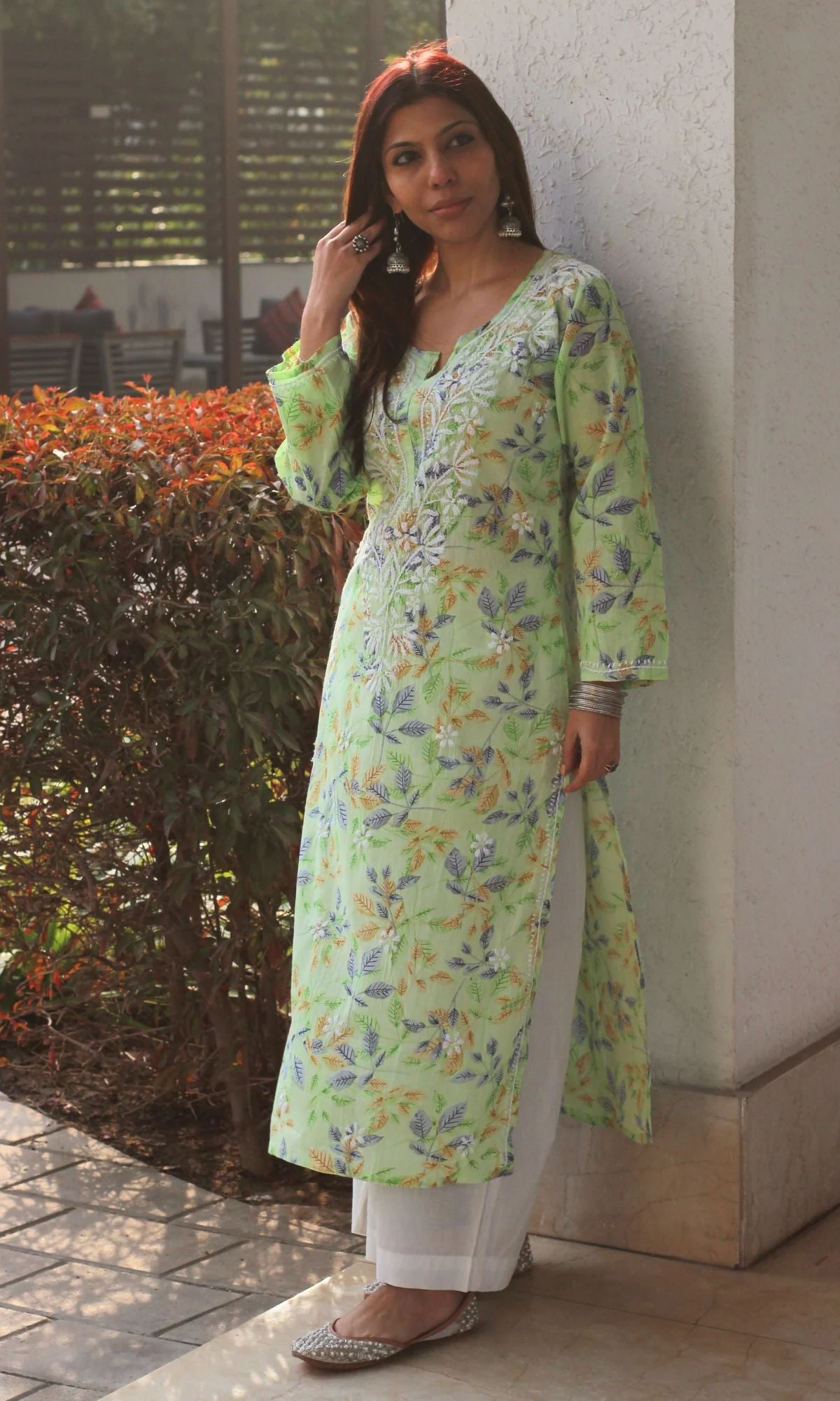 Cotton Mul Printed Green Handwork Chikankari Kurta - Image 4