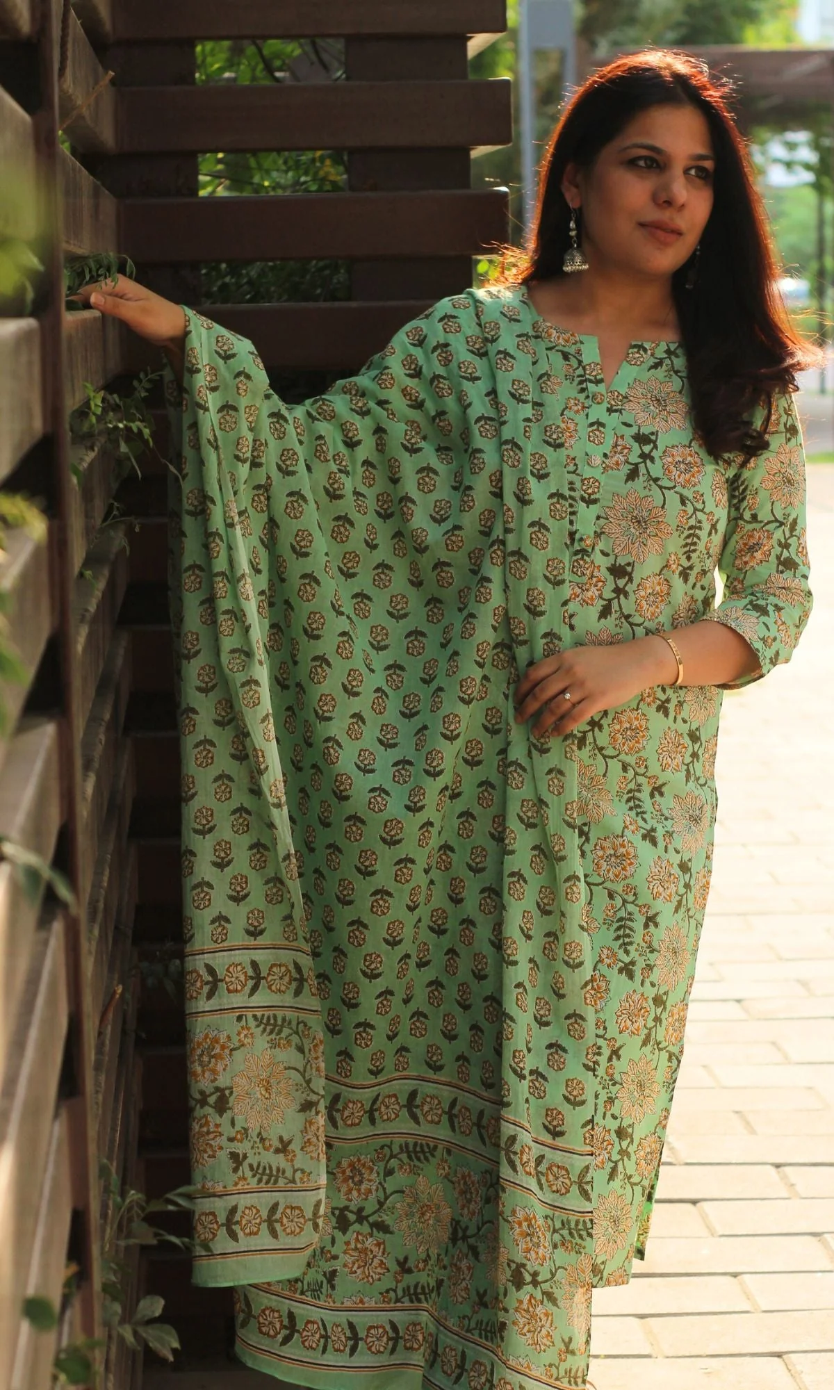 Cotton Printed Light Green Suit Set with Cotton Printed Dupatta - Image 5