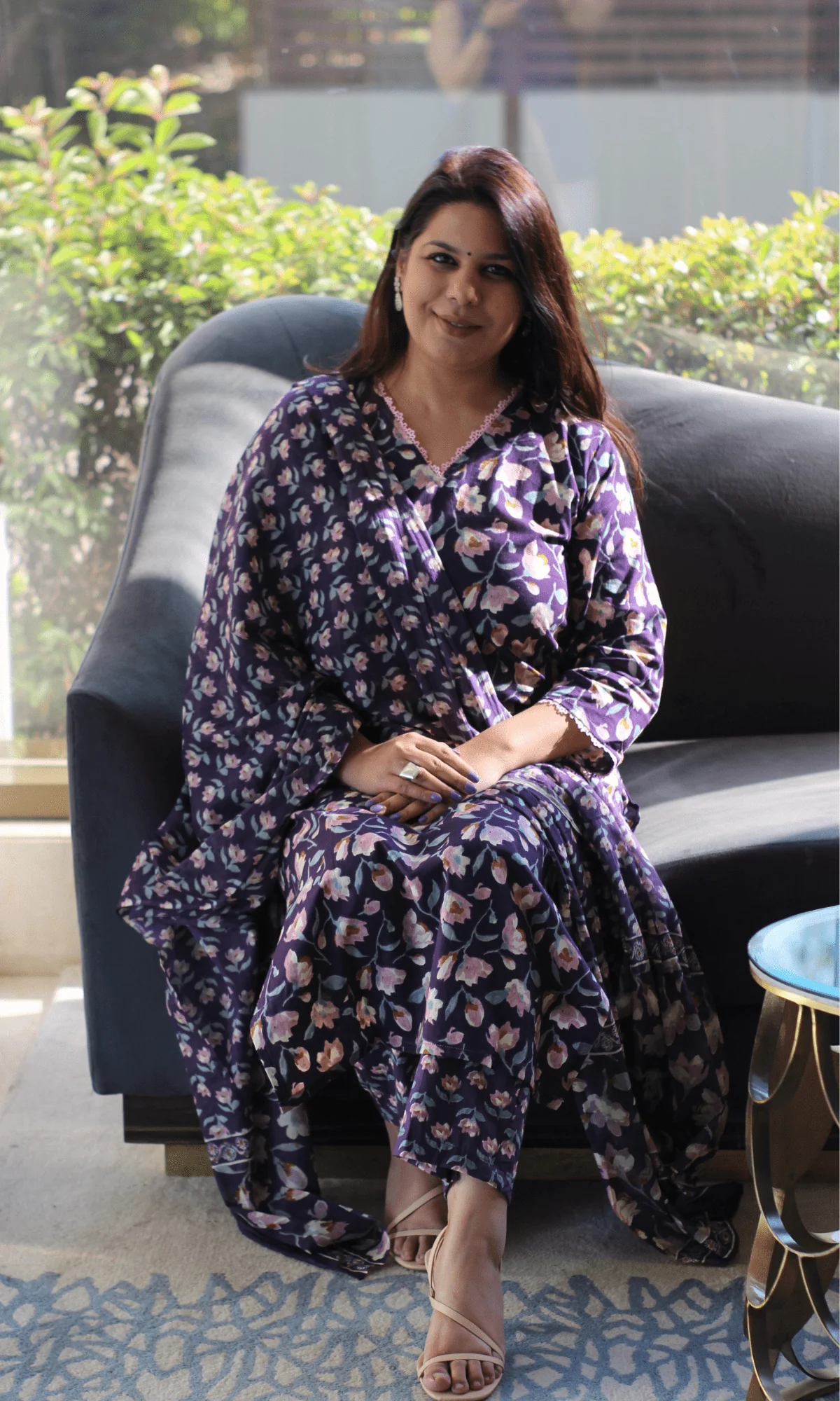 Cotton Purple & Pink Bloom Suit with Cotton Printed Dupatta