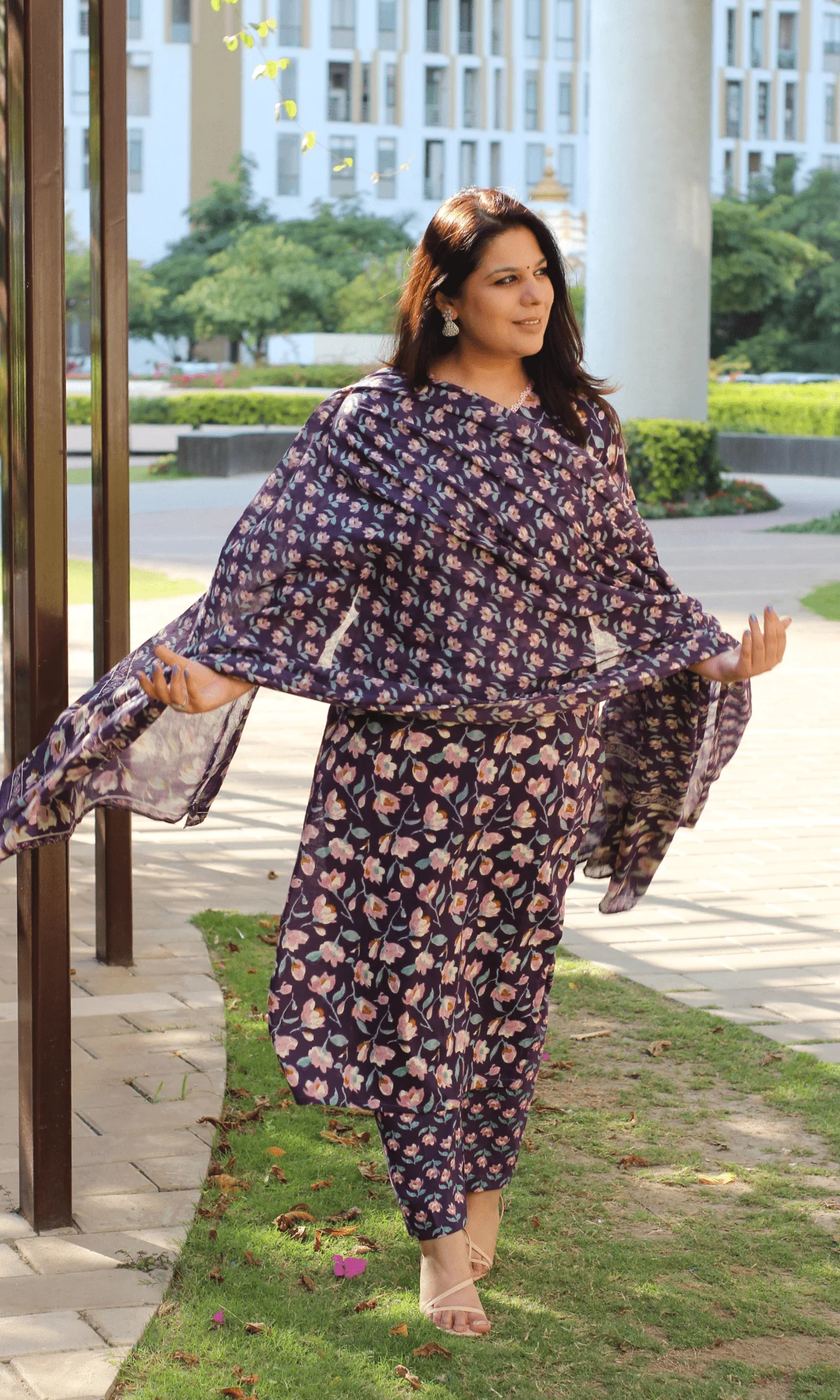 Cotton Purple & Pink Bloom Suit with Cotton Printed Dupatta - Image 3