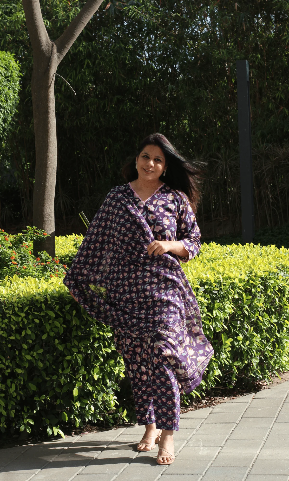 Cotton Purple & Pink Bloom Suit with Cotton Printed Dupatta - Image 5