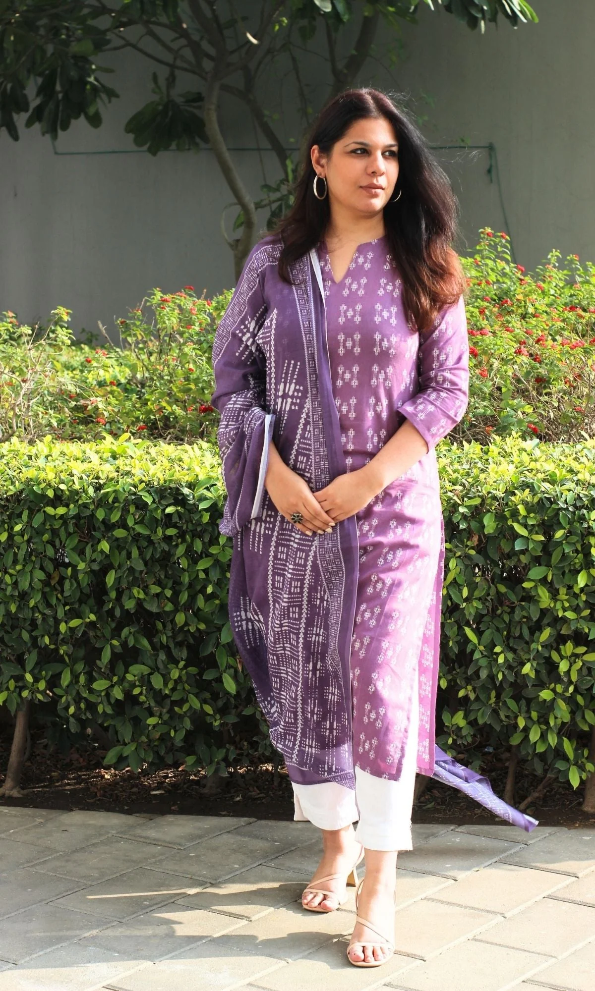 Cotton Purple Weaved Kurta & Printed Dupatta - Image 4