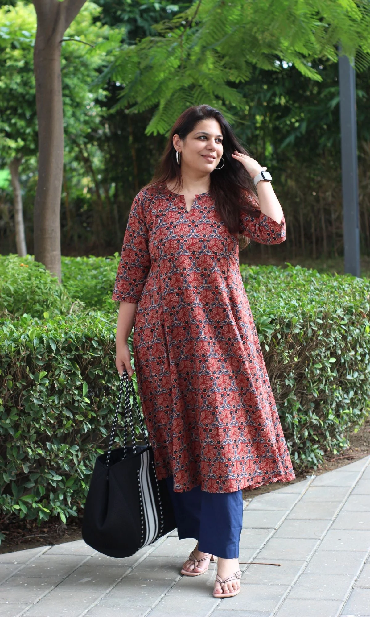 Cotton Red Ajrakh Print Kali Kurta - Image 3